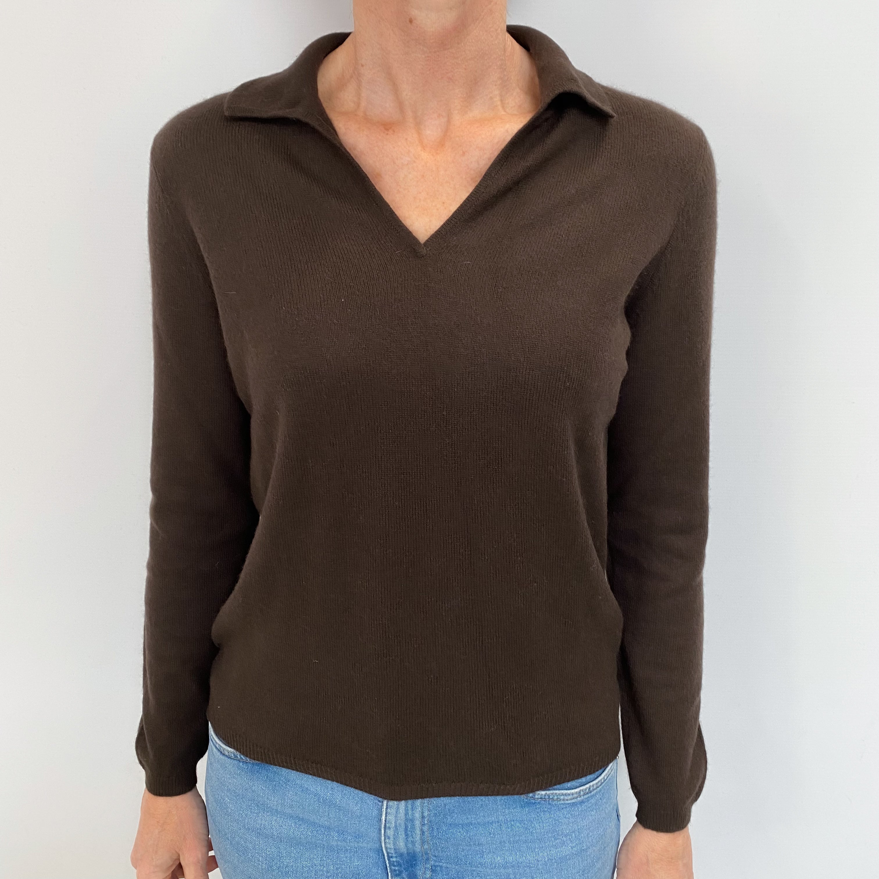 Dark Chocolate Brown Cashmere Collared V Neck Jumper Small