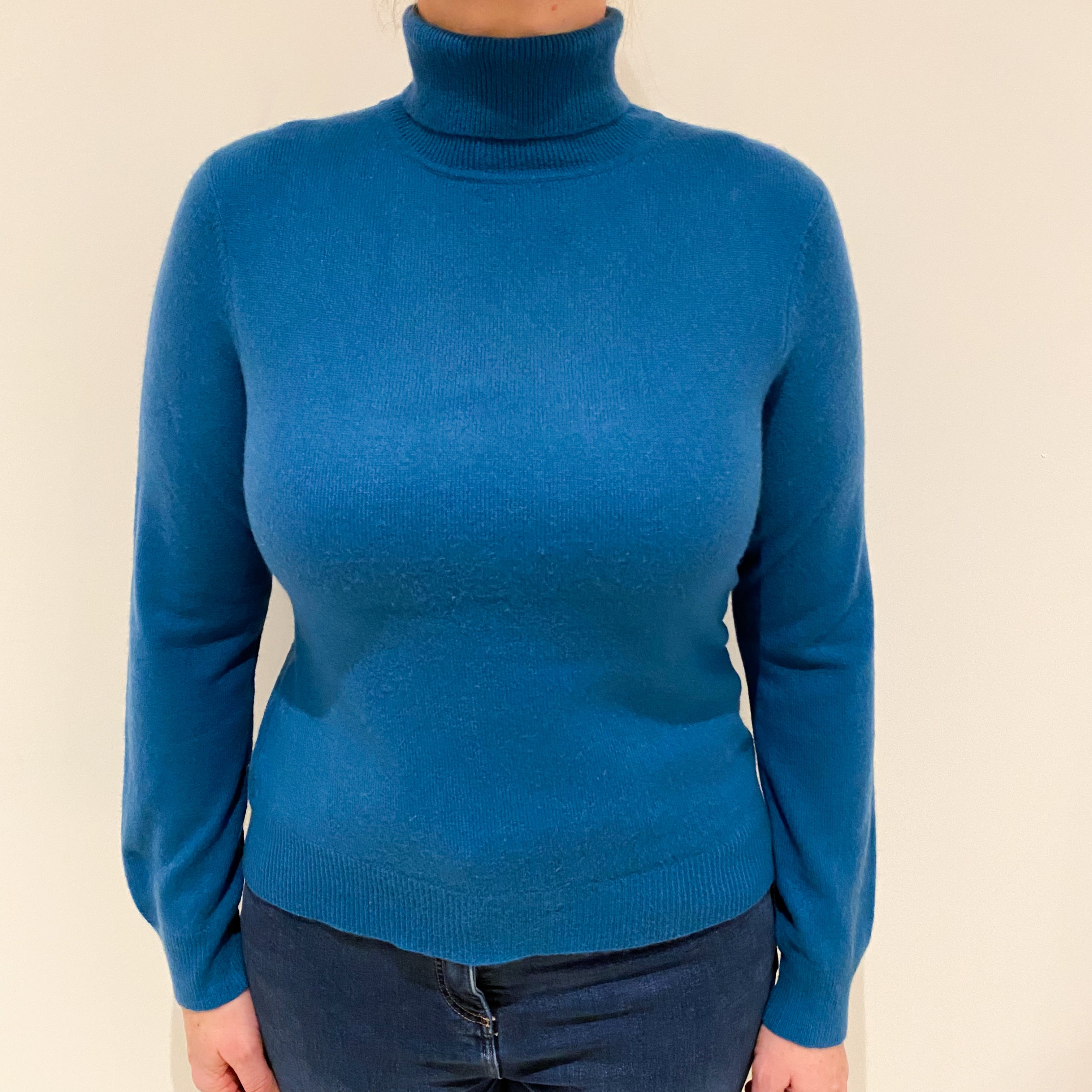 Teal Blue Cashmere Polo Neck Jumper Large.