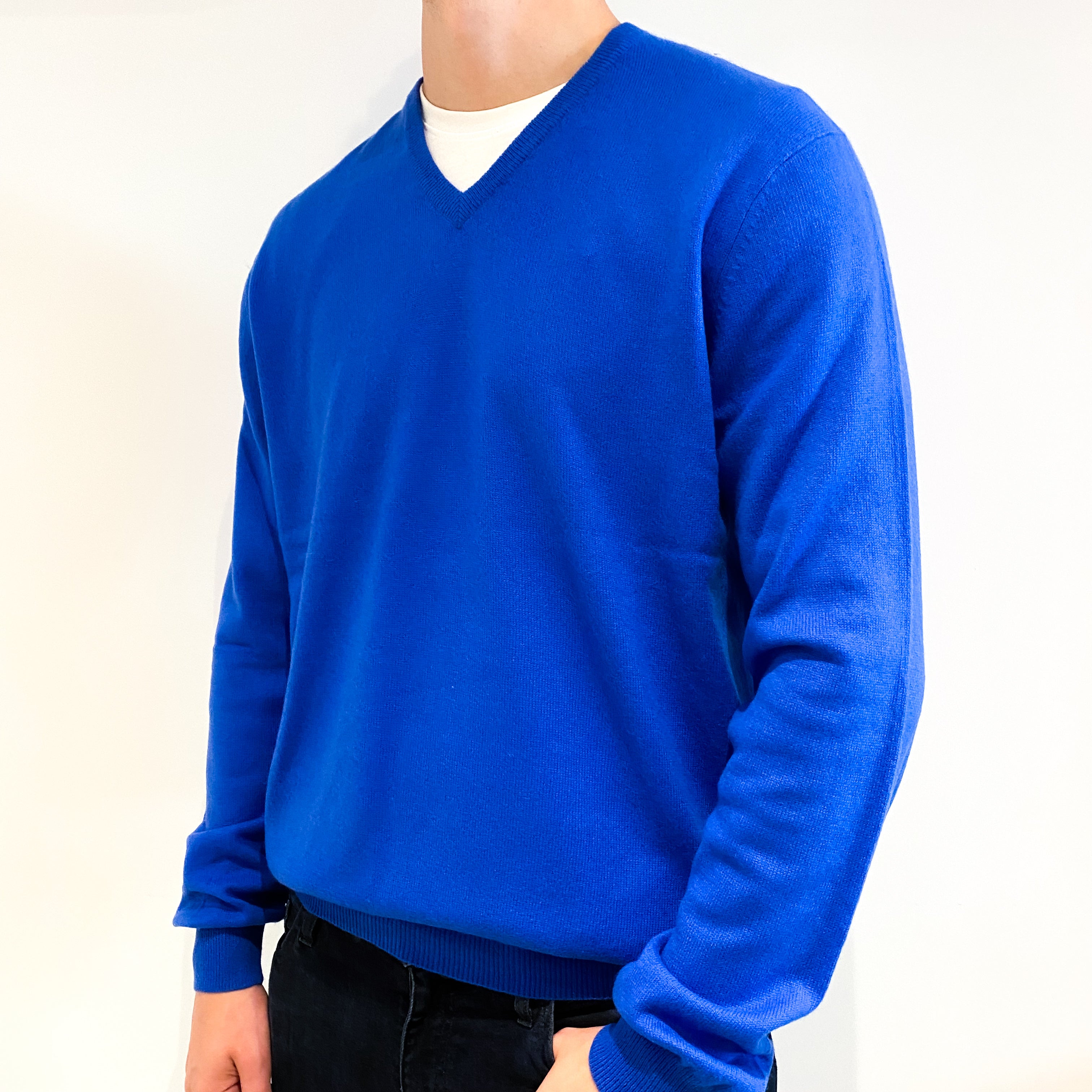 Men's Cobalt Blue Cashmere V-Neck Jumper Extra Large