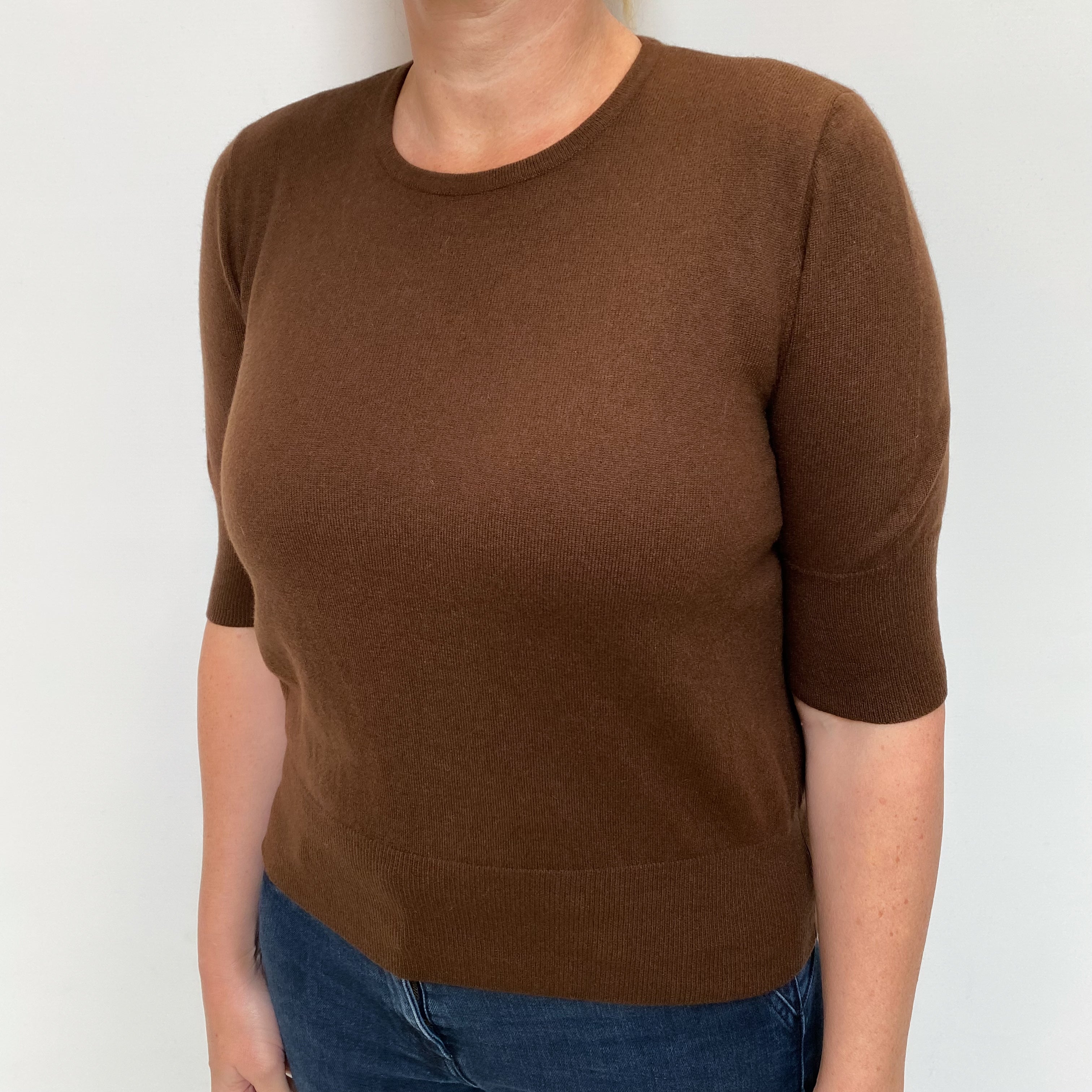 Chocolate Brown Cashmere Short Sleeve Crew Neck Jumper Large