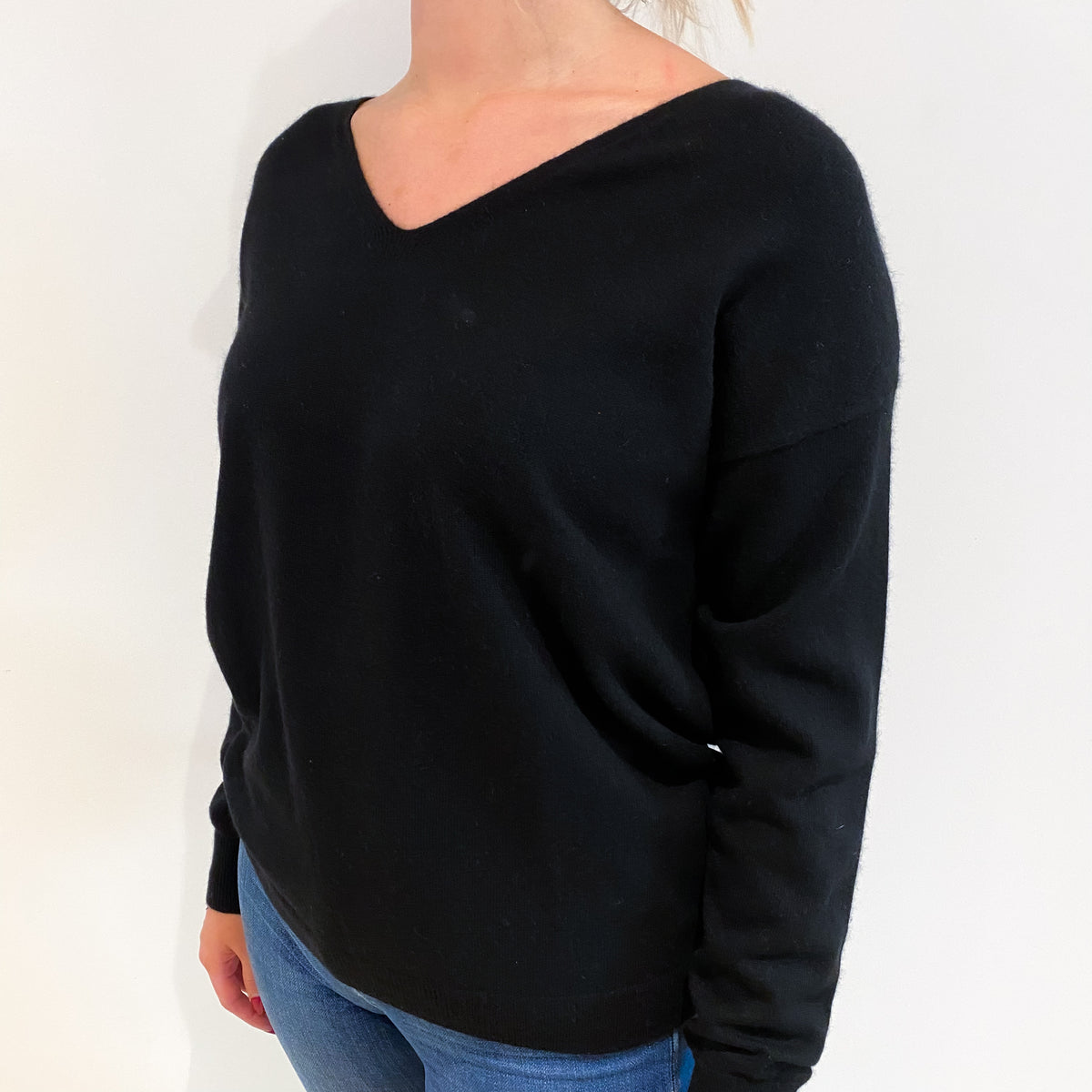 Black Lace Up Back Cashmere V Neck Jumper Small