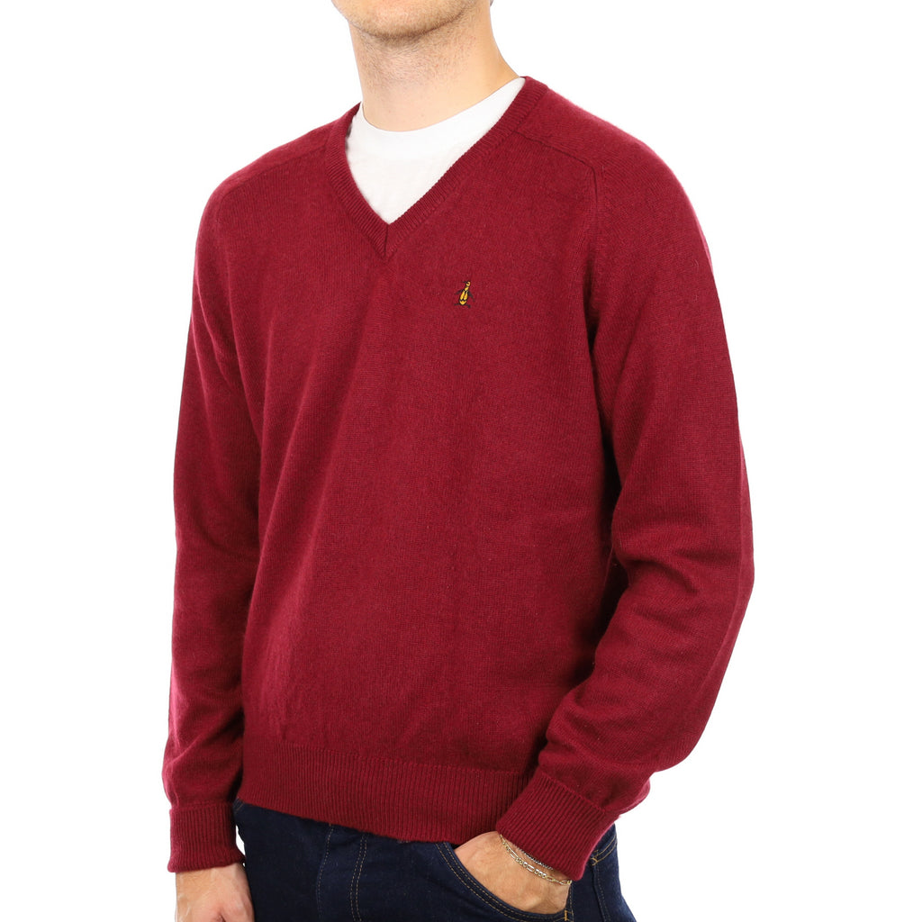 Men's Wine Red Cashmere V Neck Jumper Large