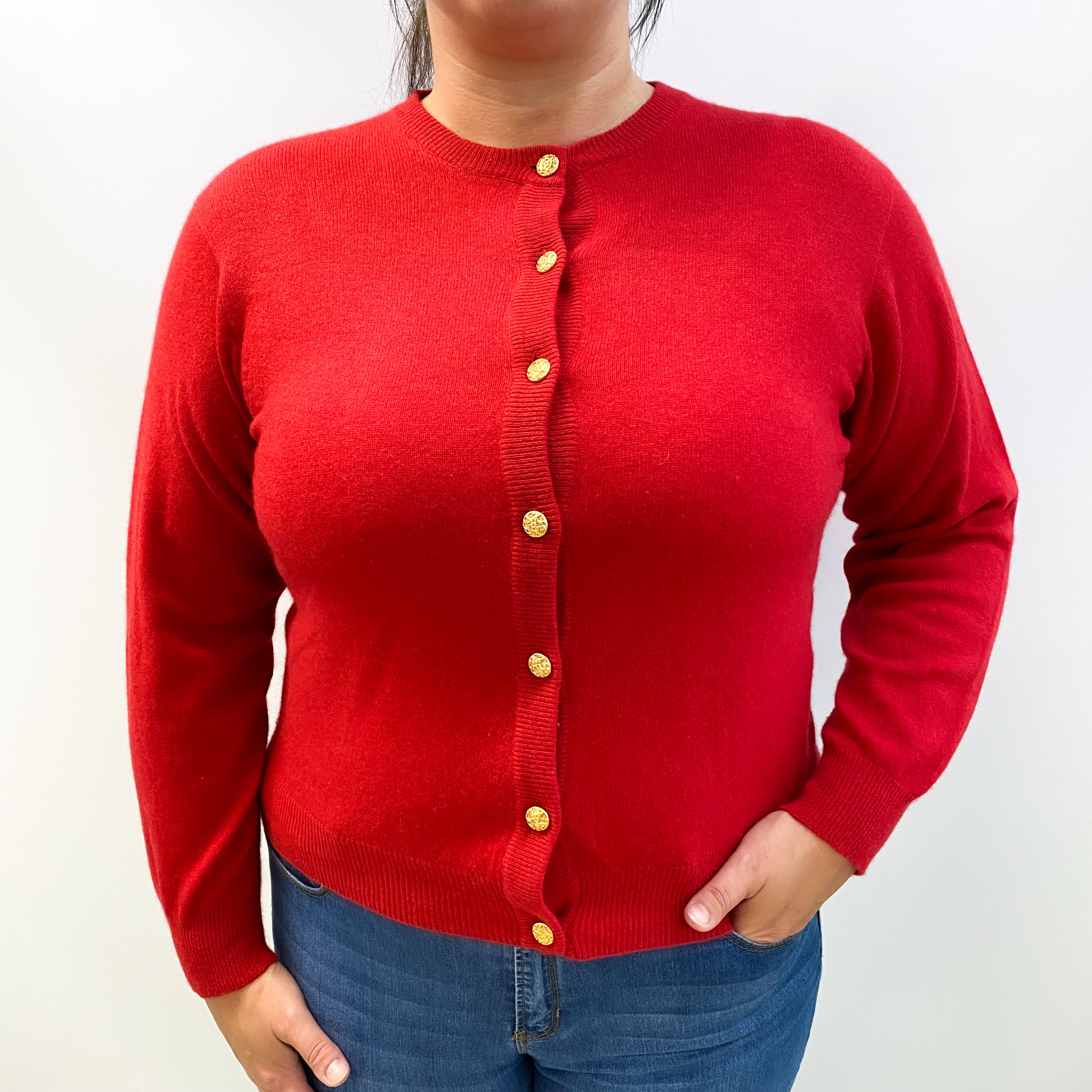 Post Box Red Cashmere Crew Neck Cardigan Large