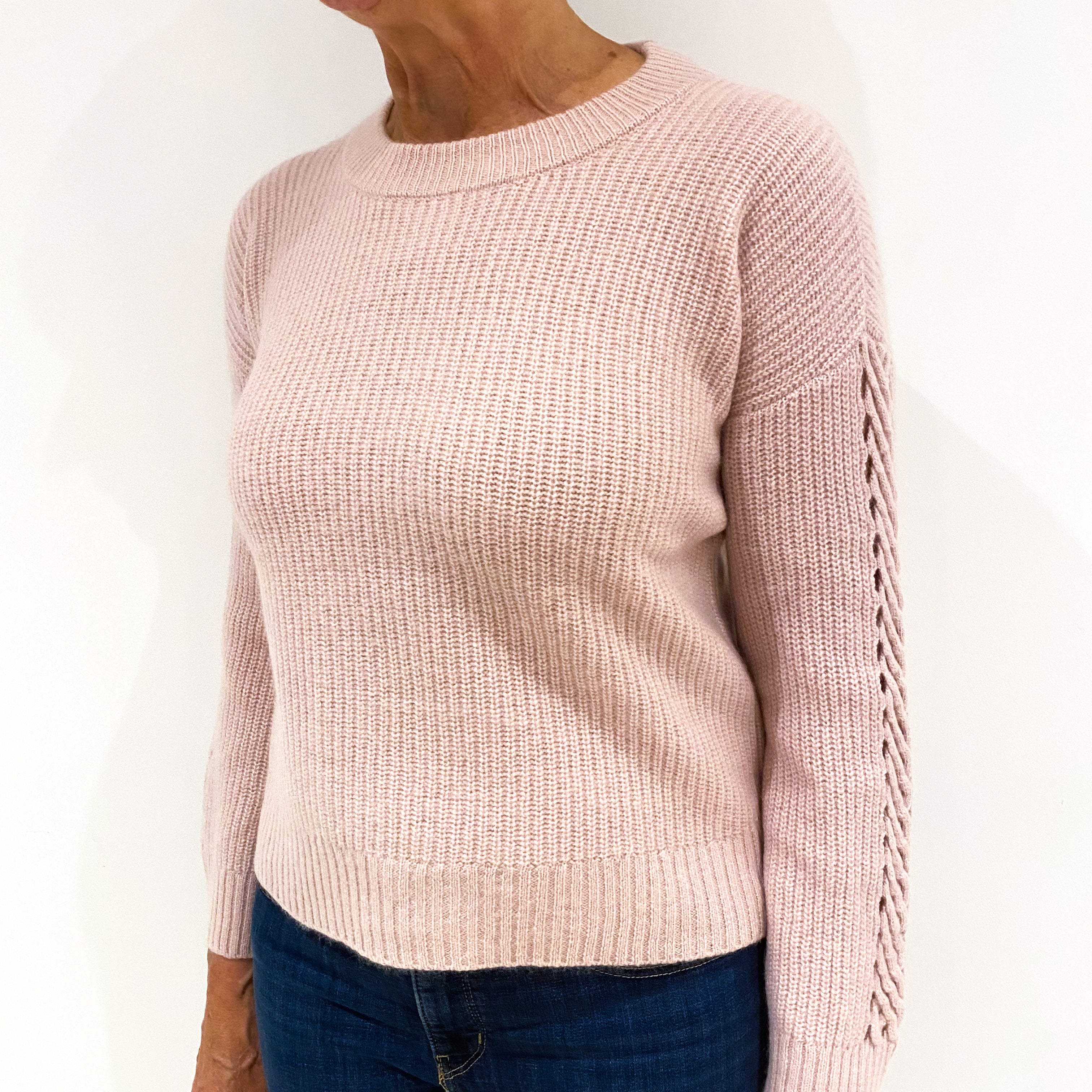 Shell Pink Chunky Rib Cashmere Crew Neck Jumper Medium