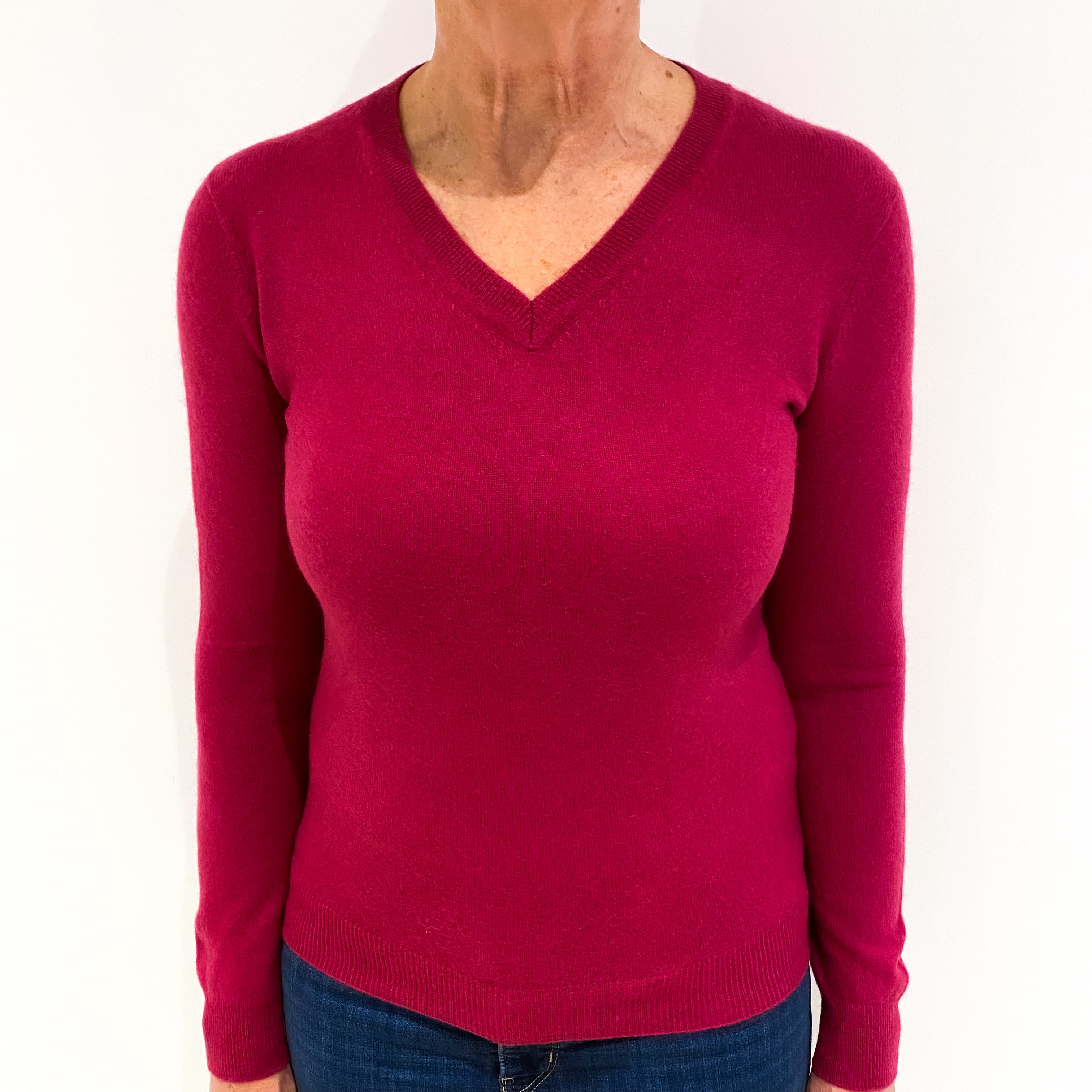 Raspberry Pink Cashmere V-Neck Jumper Medium