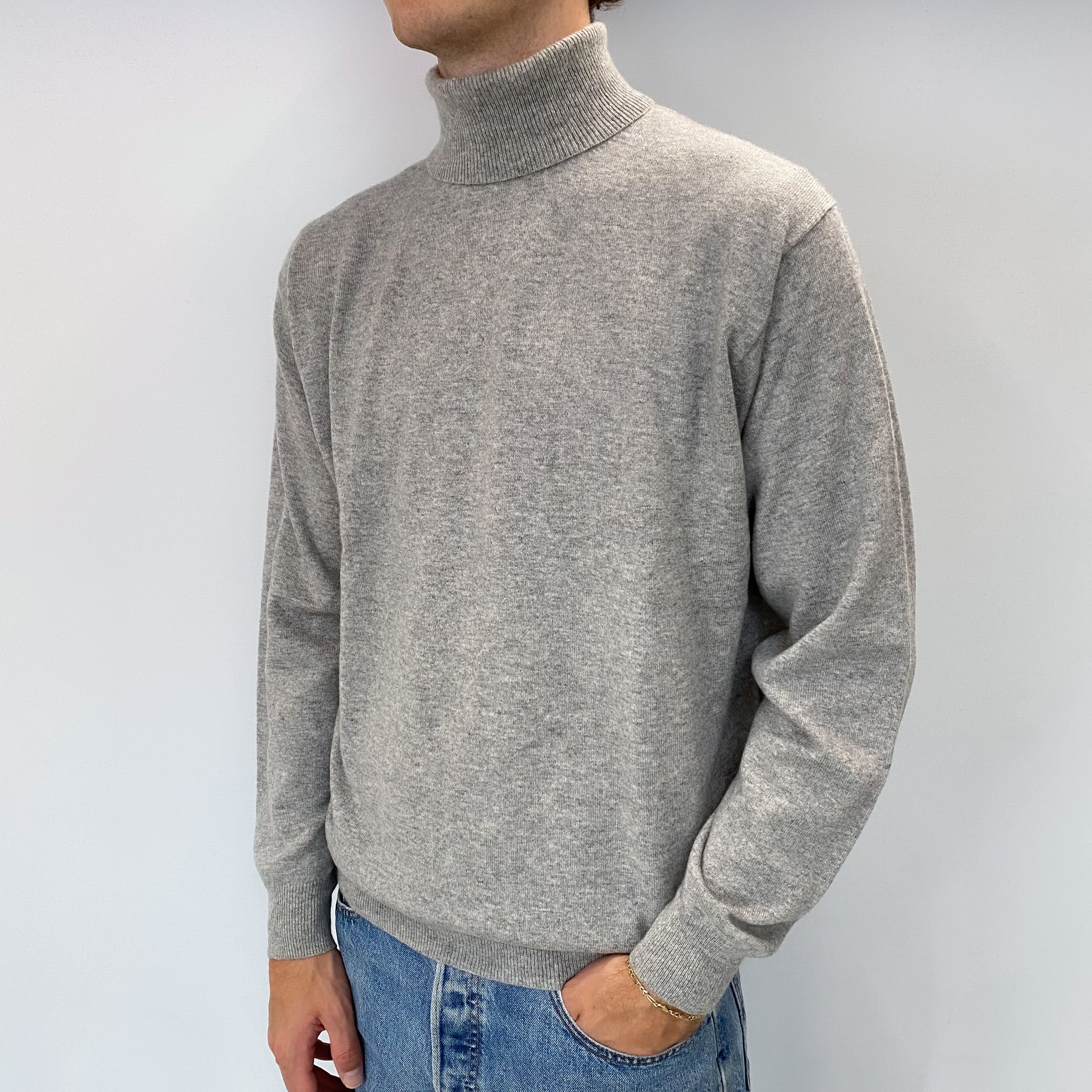 Men's Smoke Grey Cashmere Polo Neck Jumper Large