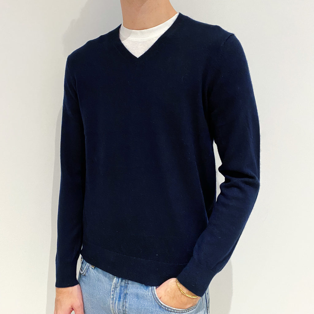Men's Navy Blue Cashmere V-Neck Jumper Large