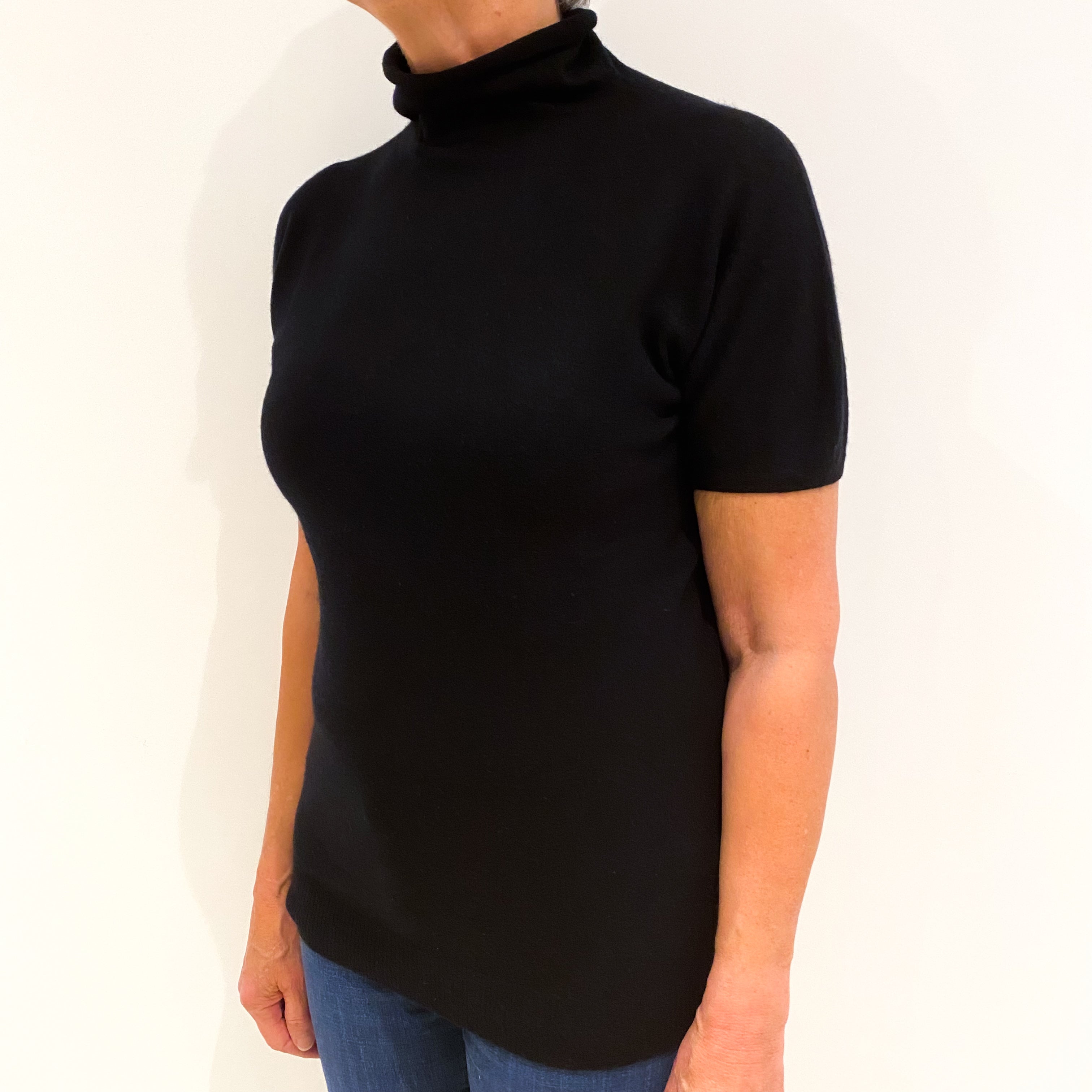 Black Short Sleeved Cashmere Funnel Neck Jumper Medium