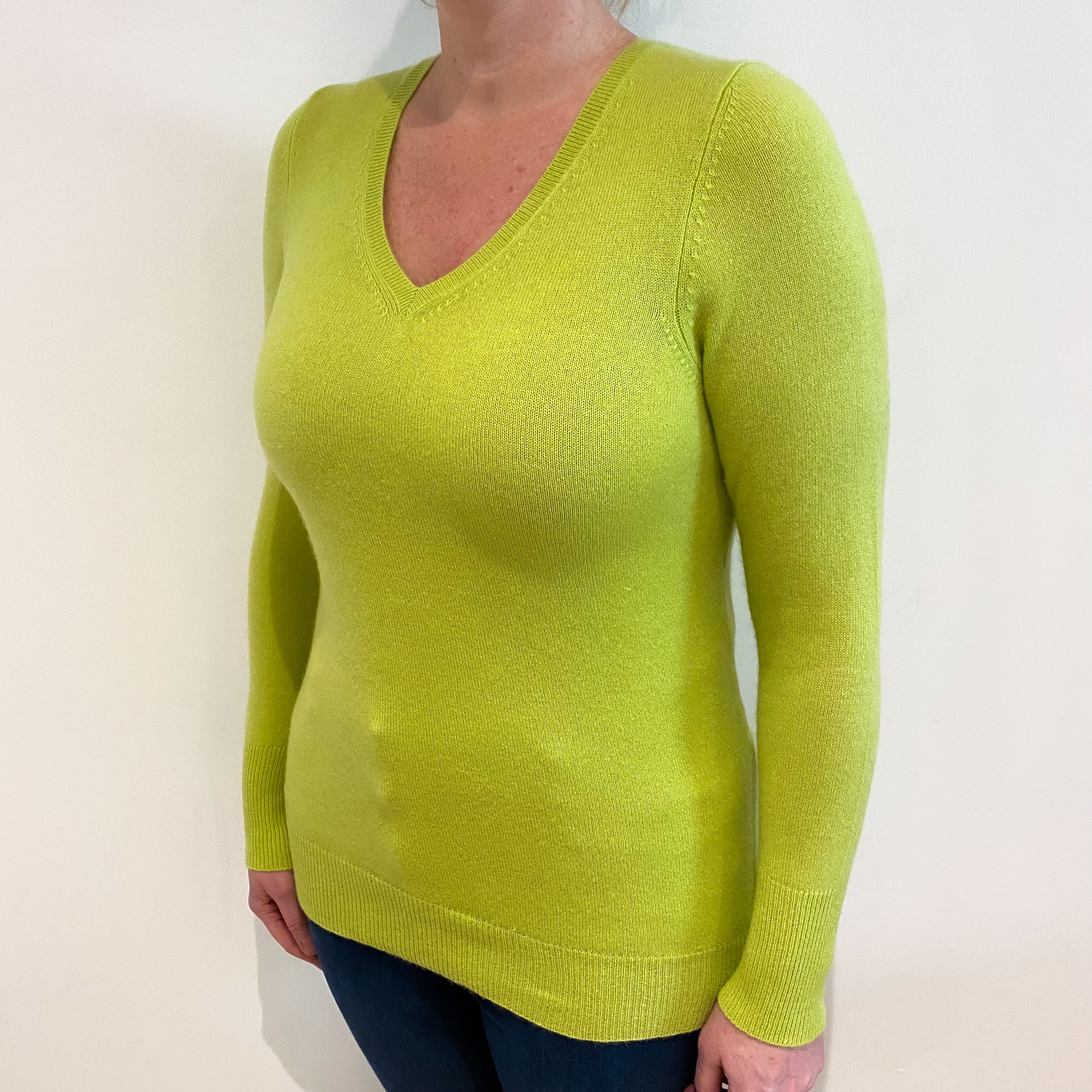 Acid Green Cashmere V Neck Jumper Large