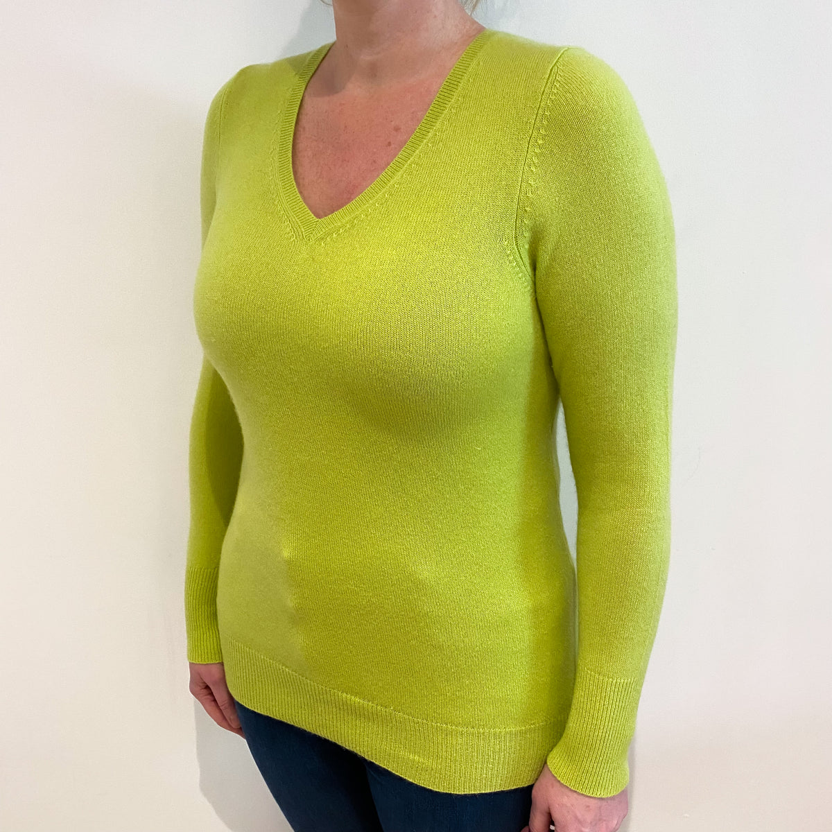 Acid Green Cashmere V Neck Jumper Large