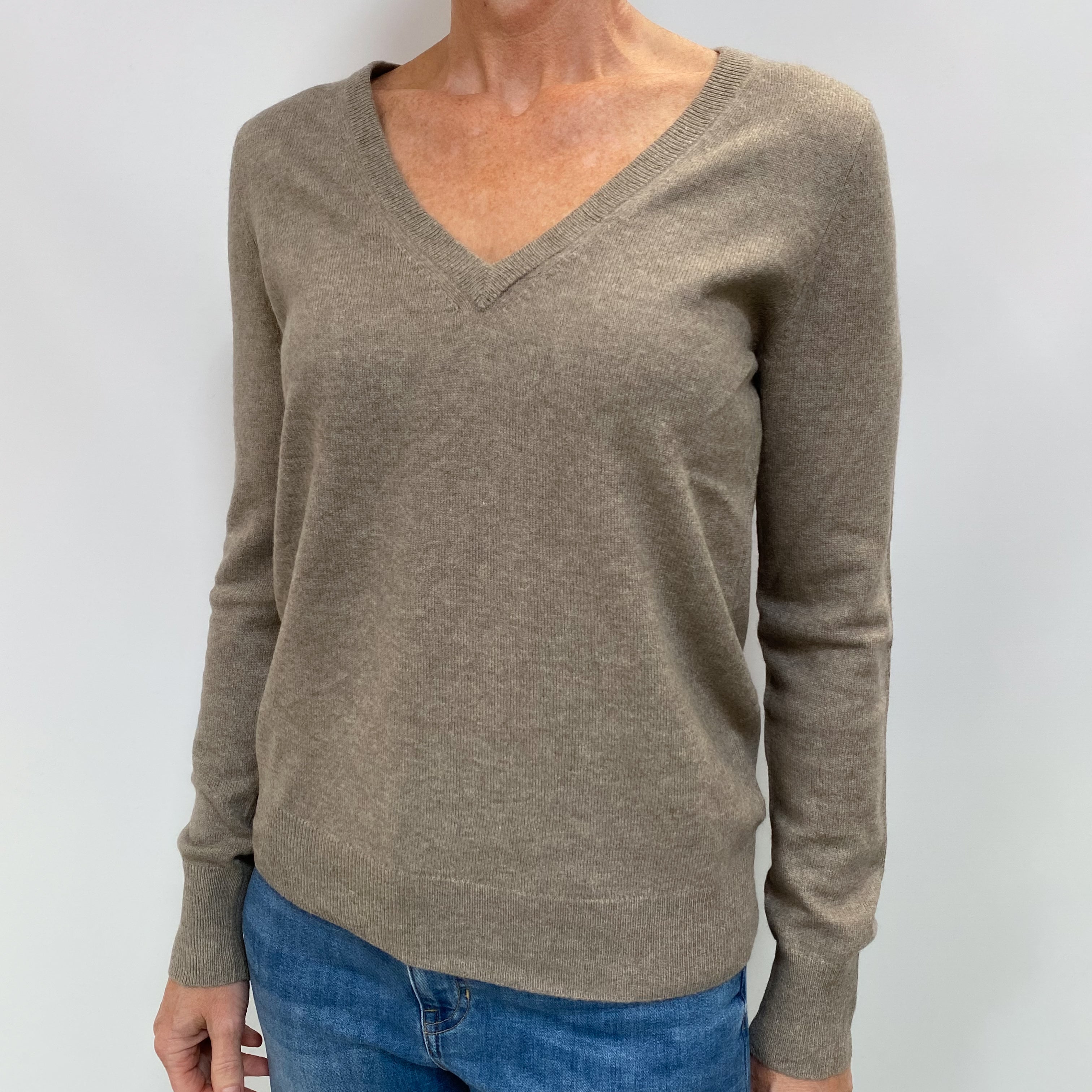 Mink Brown Cashmere V Neck Jumper Small
