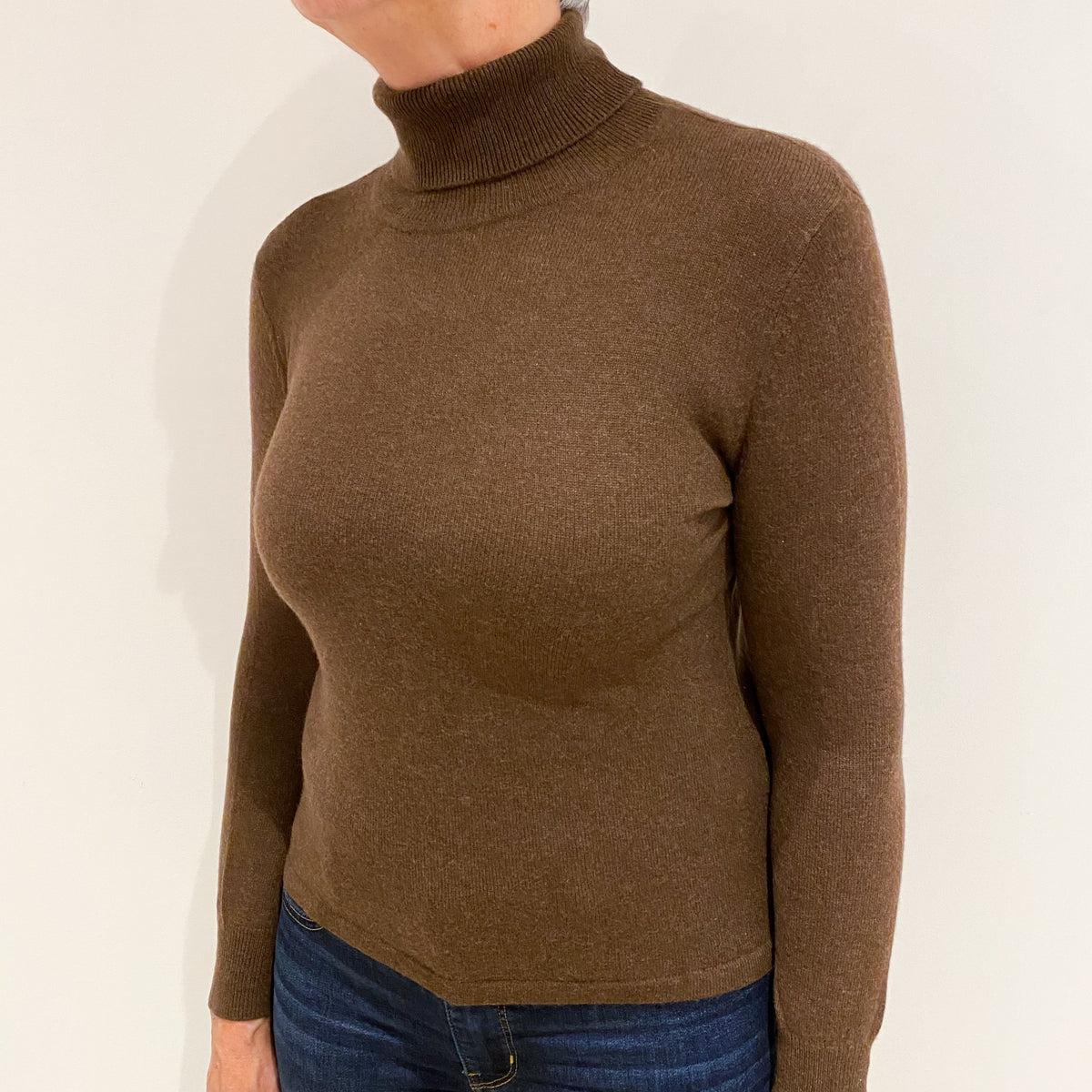 Chocolate Brown Cashmere Polo Neck Jumper Medium