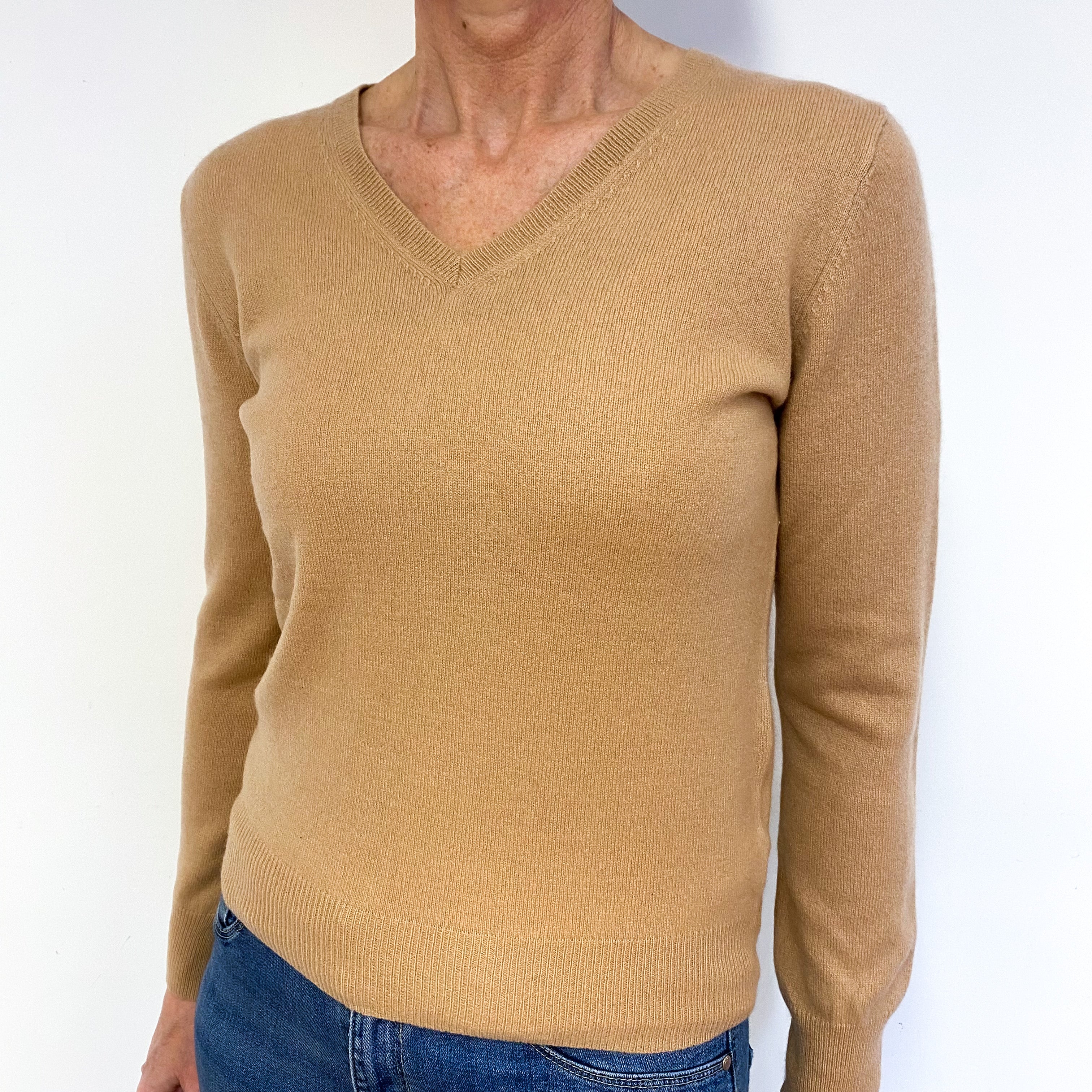 Soft Caramel Brown Cashmere V-Neck Jumper Medium