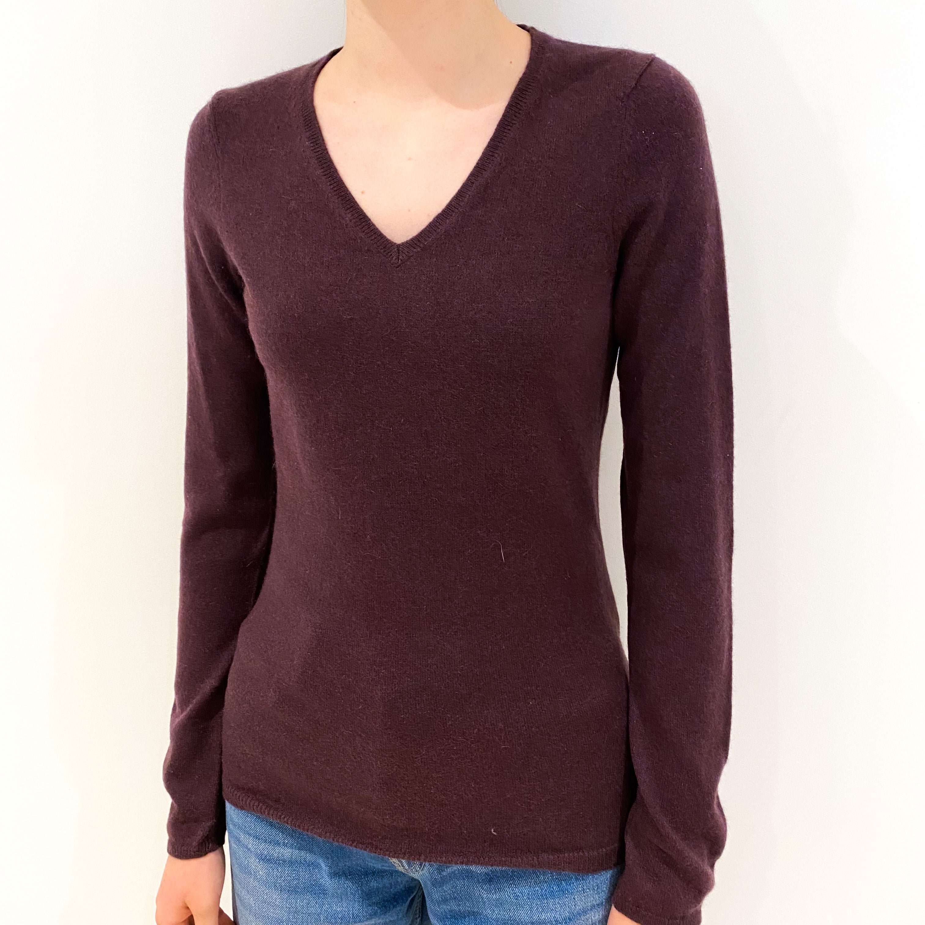 Aubergine Purple Cashmere V-Neck Jumper Extra Small