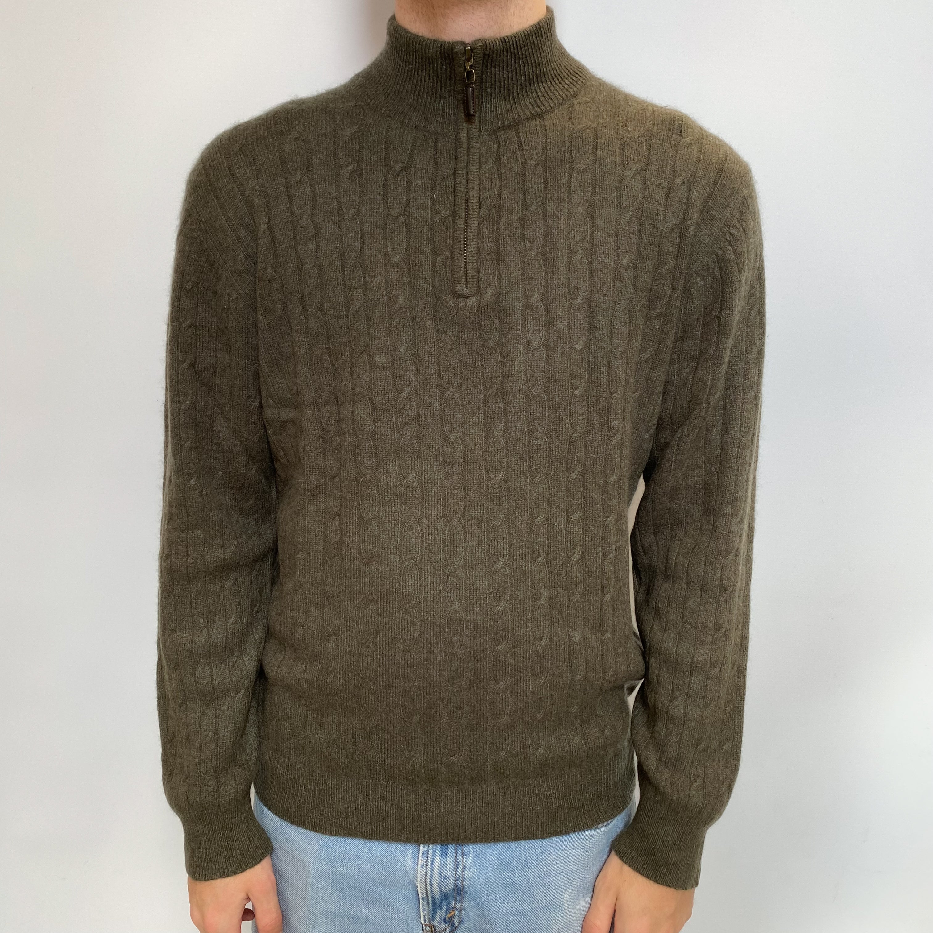 Men's Khaki Green Cashmere 1/4 Zip Front Jumper Large