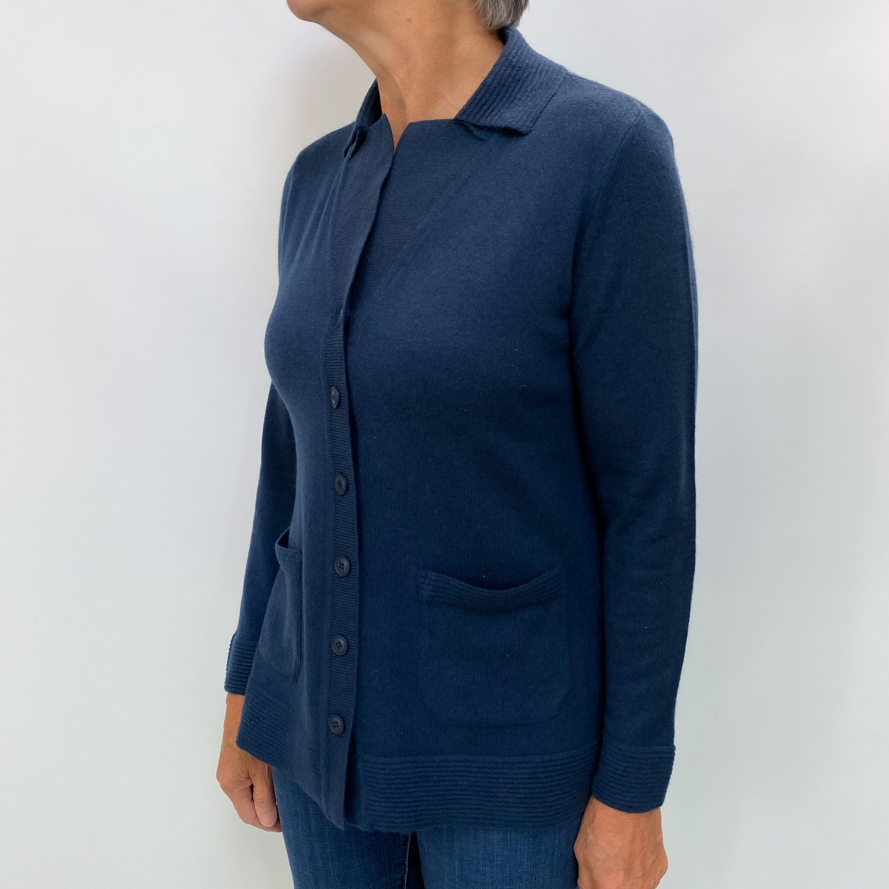 Naval Blue Cashmere Collared V Neck Cardigan Medium