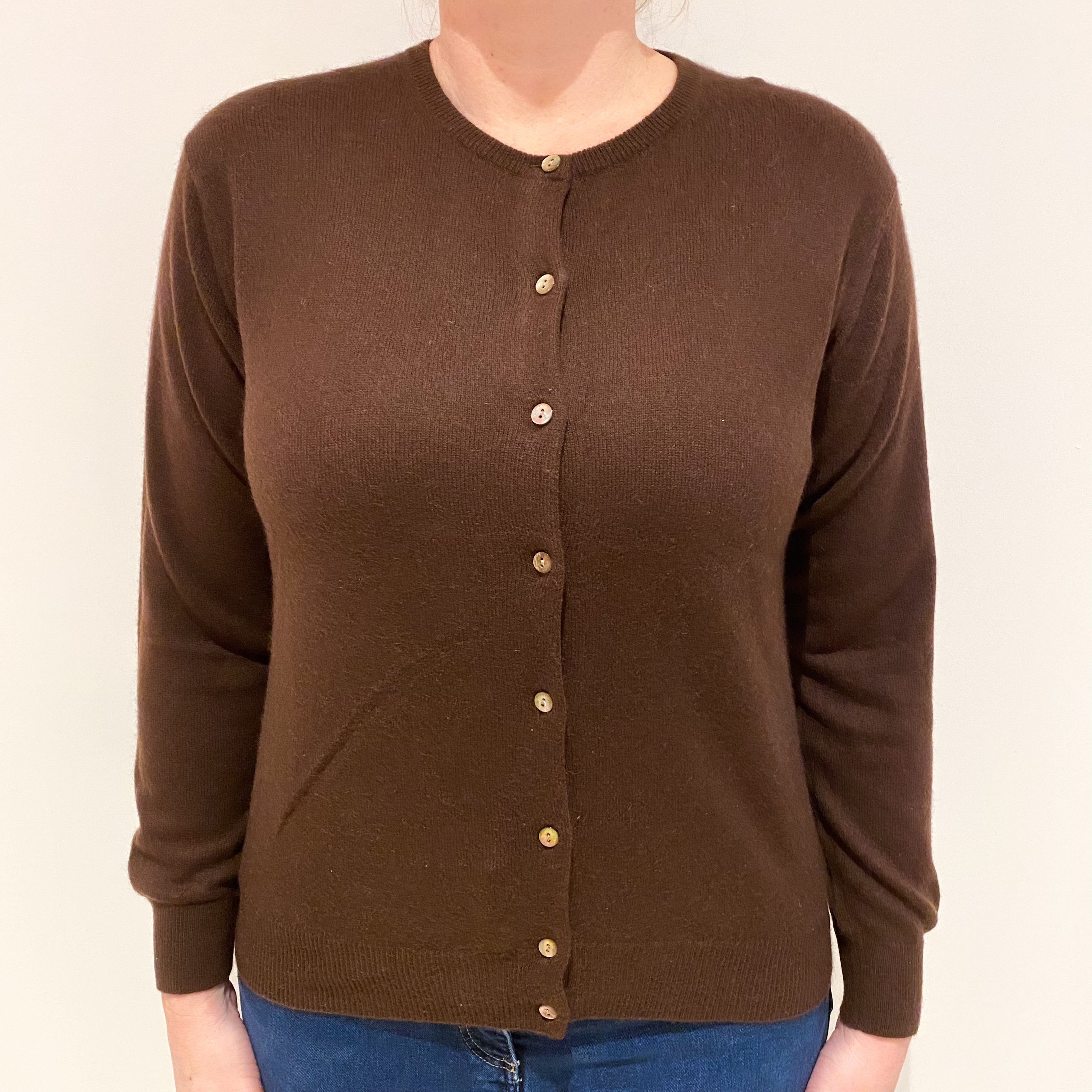 Chocolate Brown Cashmere Crew Neck Cardigan Large