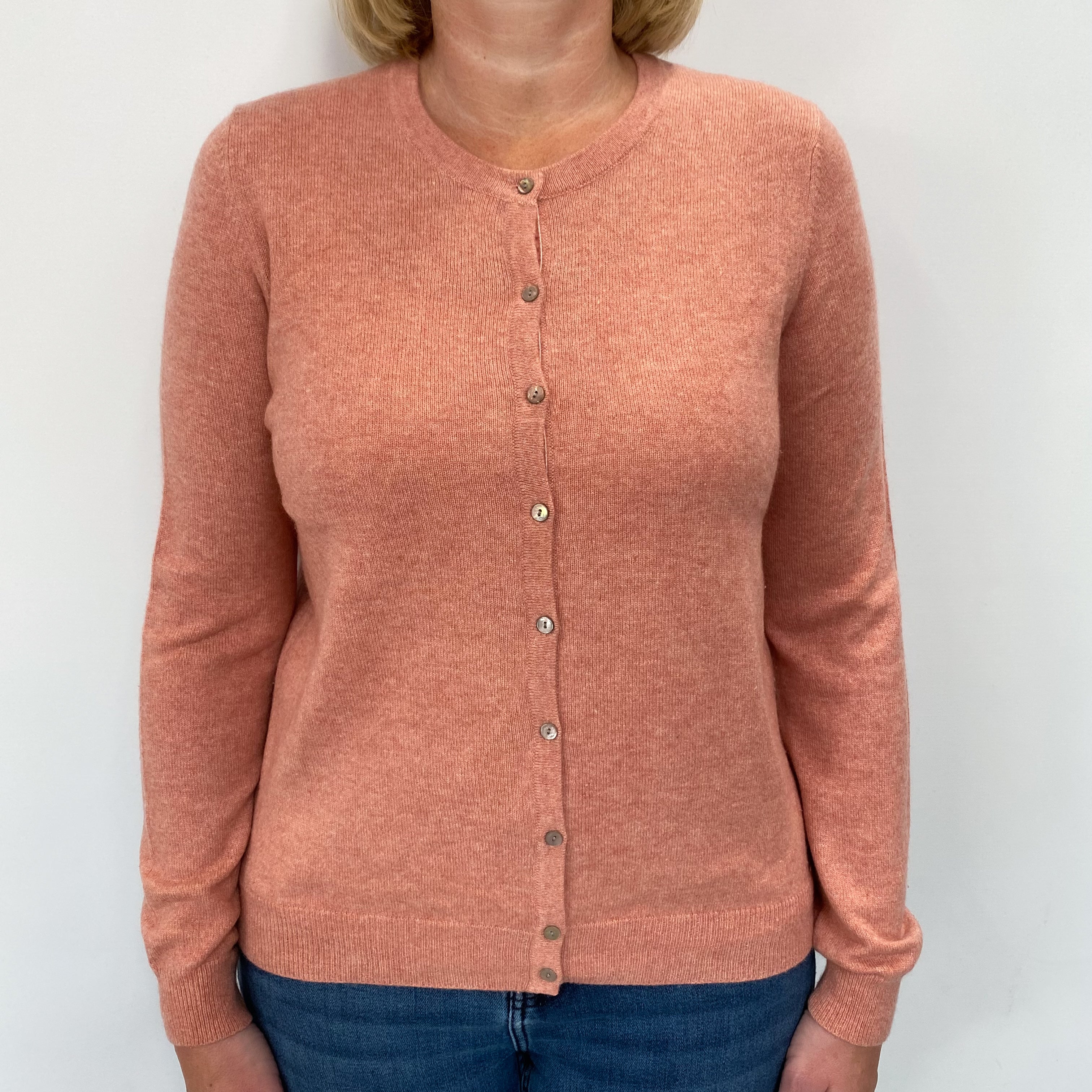Salmon Pink Cashmere Crew Neck Cardigan Large