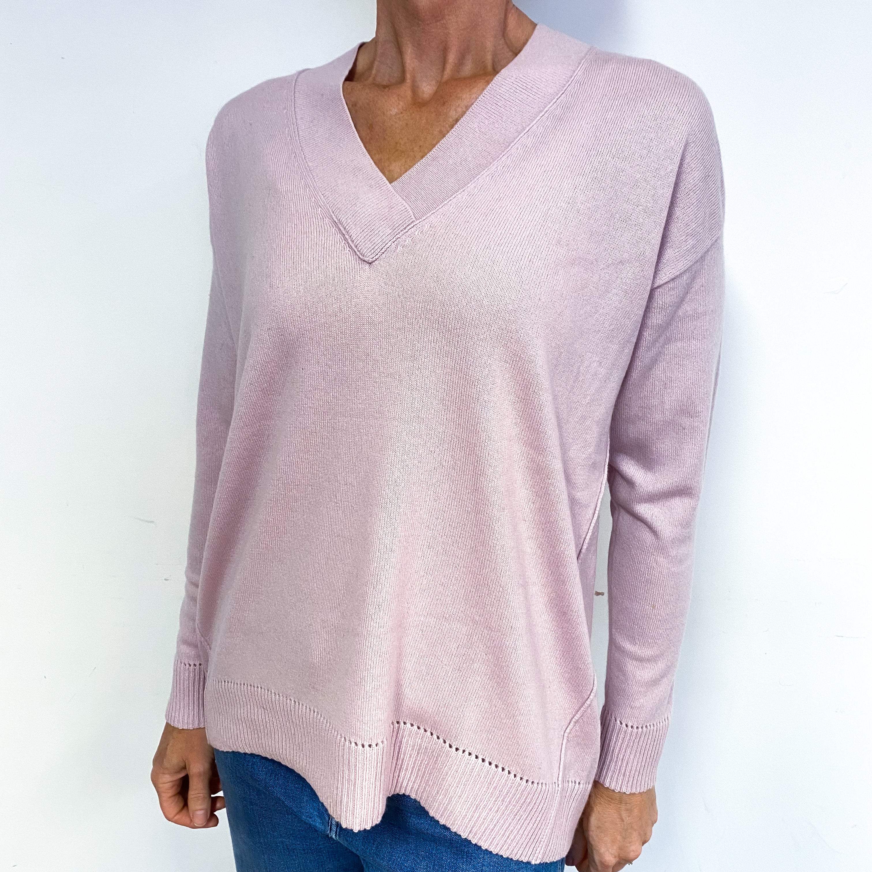 Pale Mauve Pink Cashmere V-Neck Jumper Medium