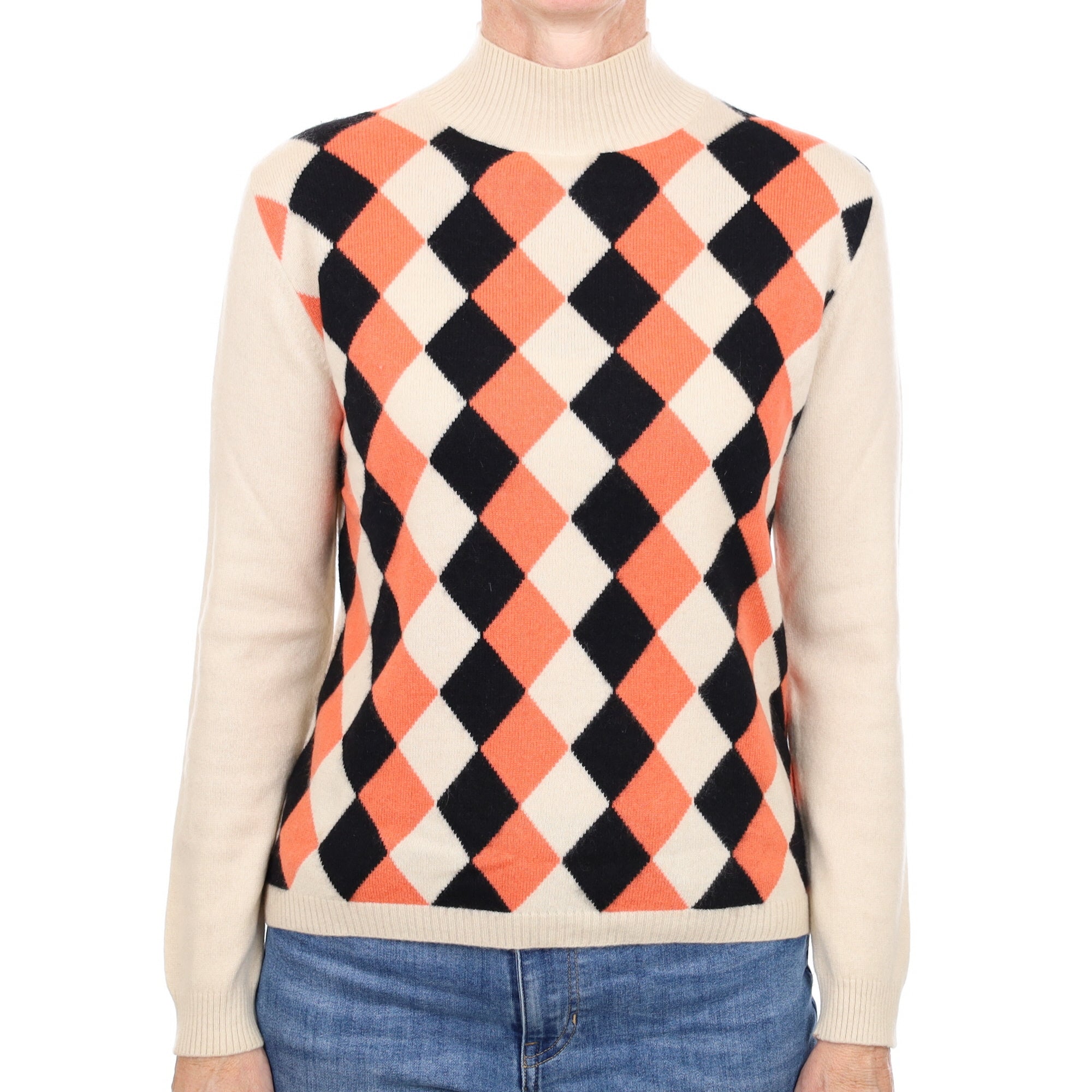 Oatmeal Beige Diamond Patterned Cashmere Turtle Neck Jumper Small