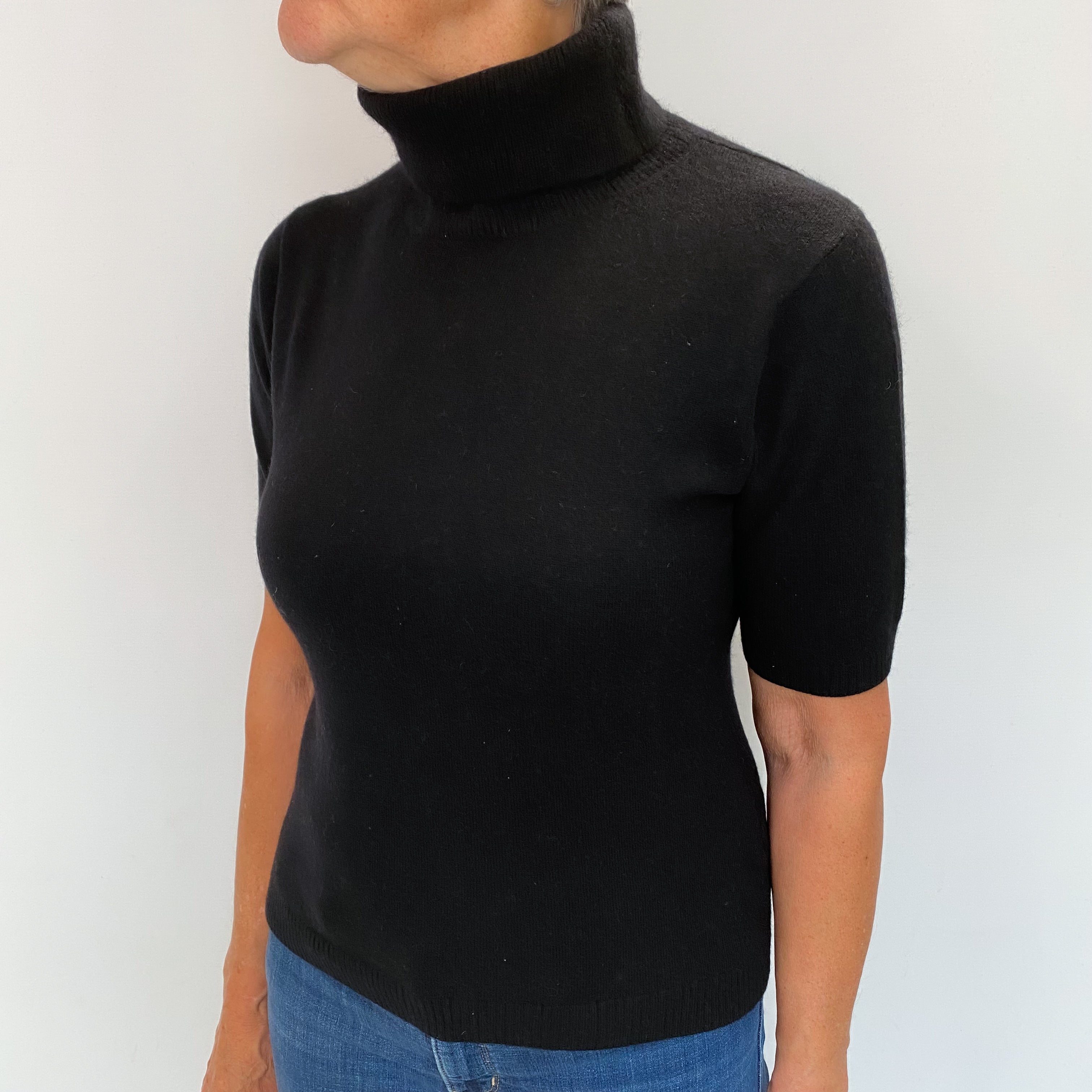 Black Cashmere Short Sleeved Polo Neck Jumper Medium