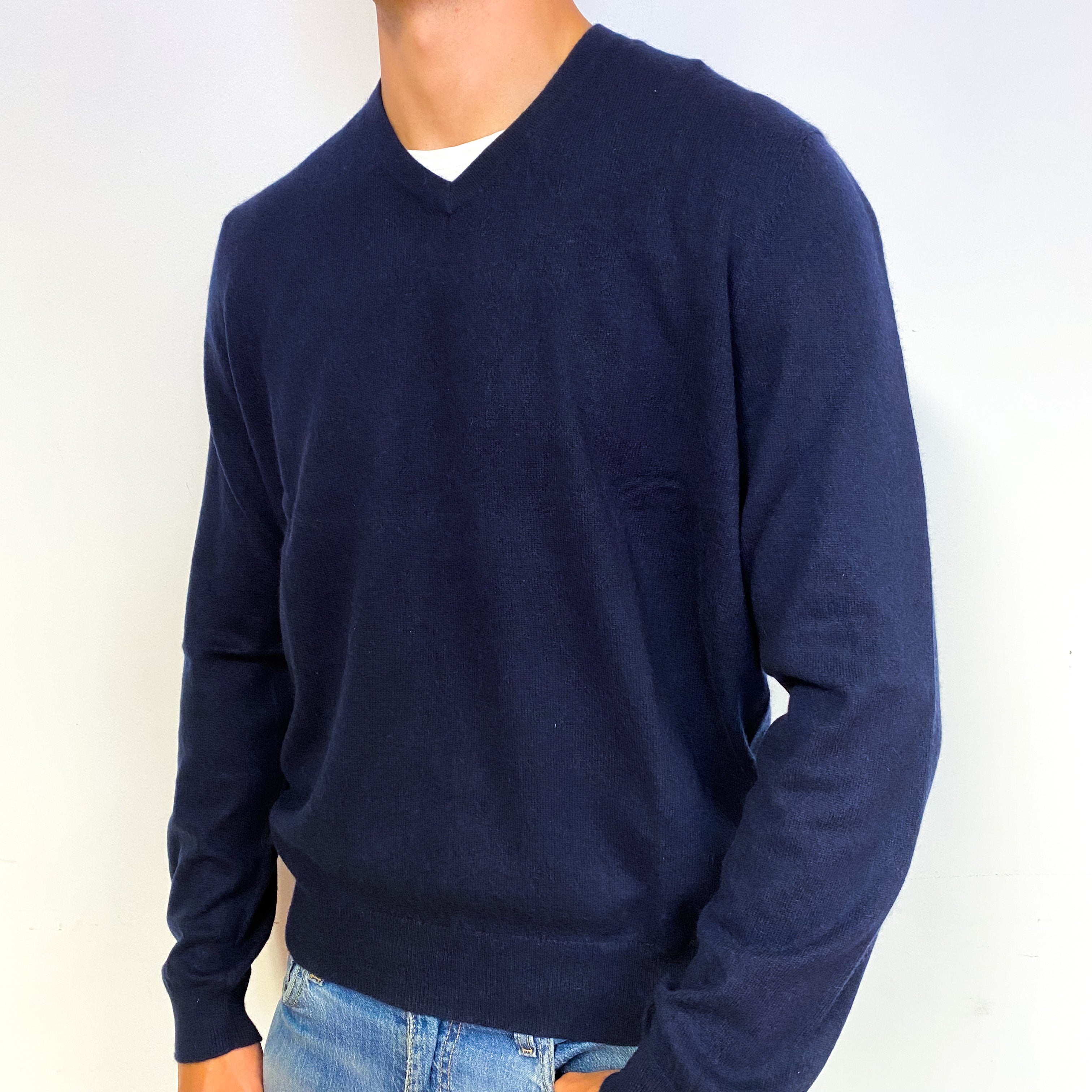 Men's Navy Blue Cashmere V-Neck Jumper Extra Large