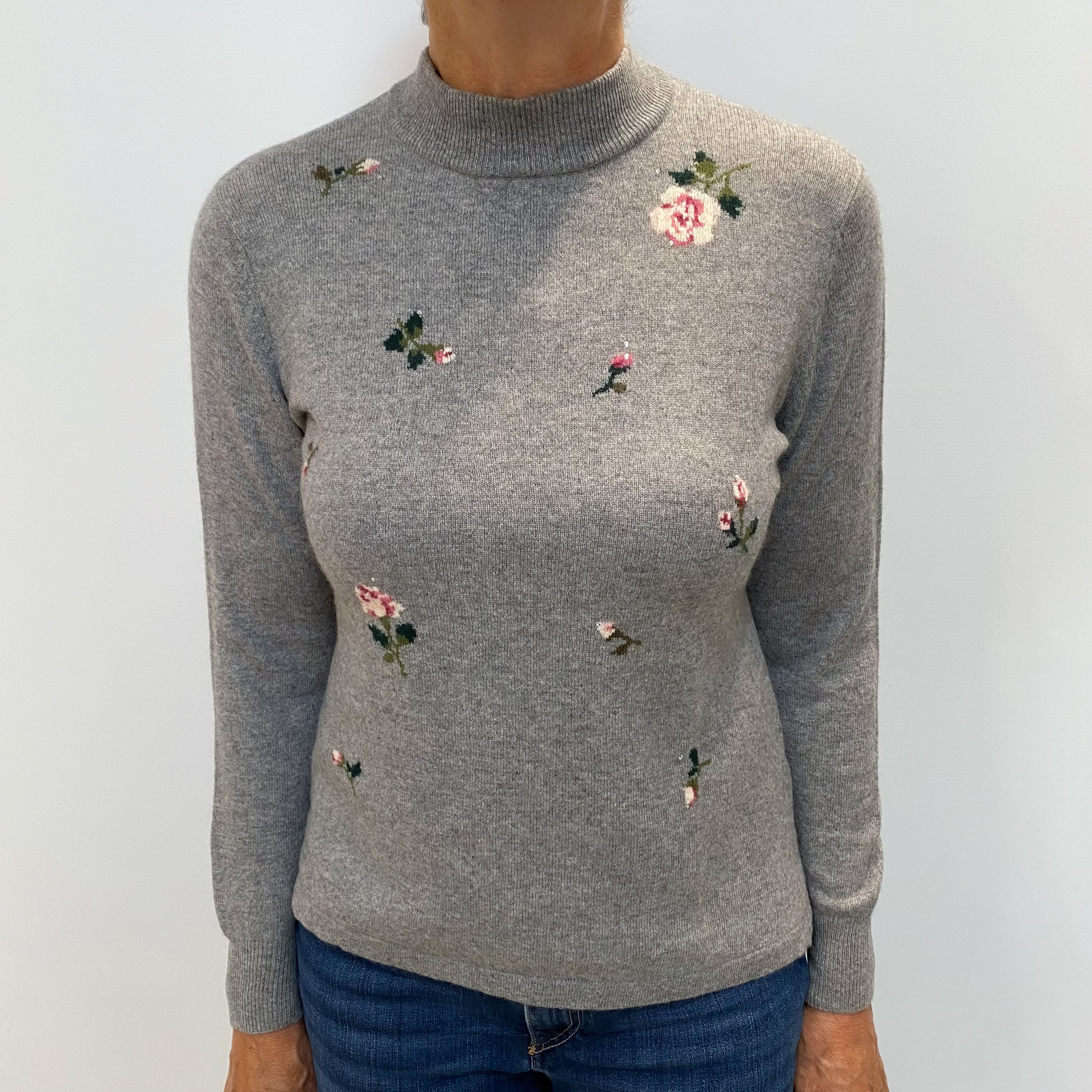 Smoke Grey Floral Cashmere Polo Neck Jumper Medium