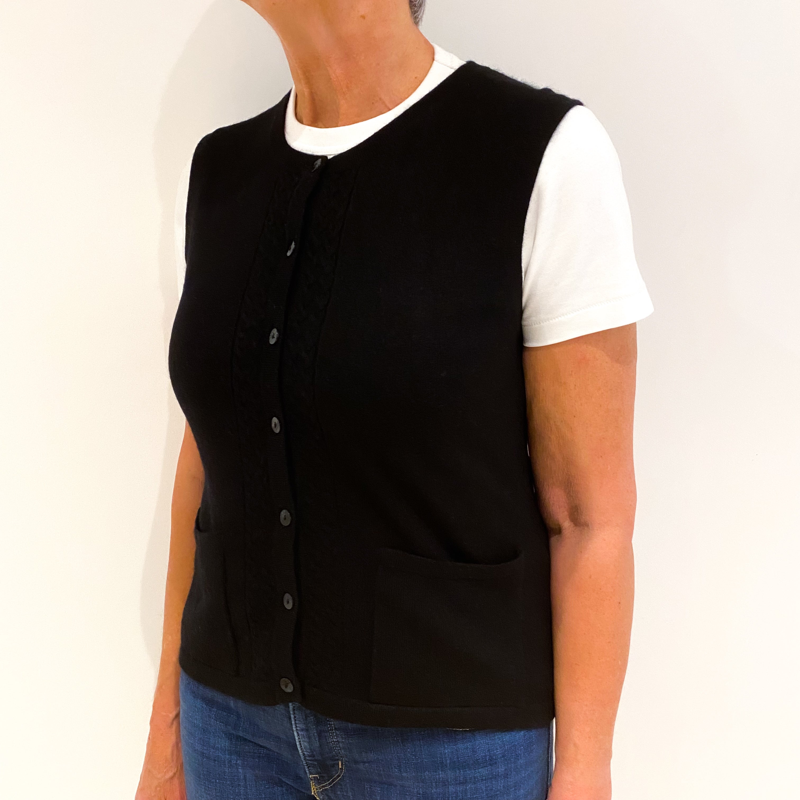 Black Sleeveless Cashmere Button Up Tank Top Medium