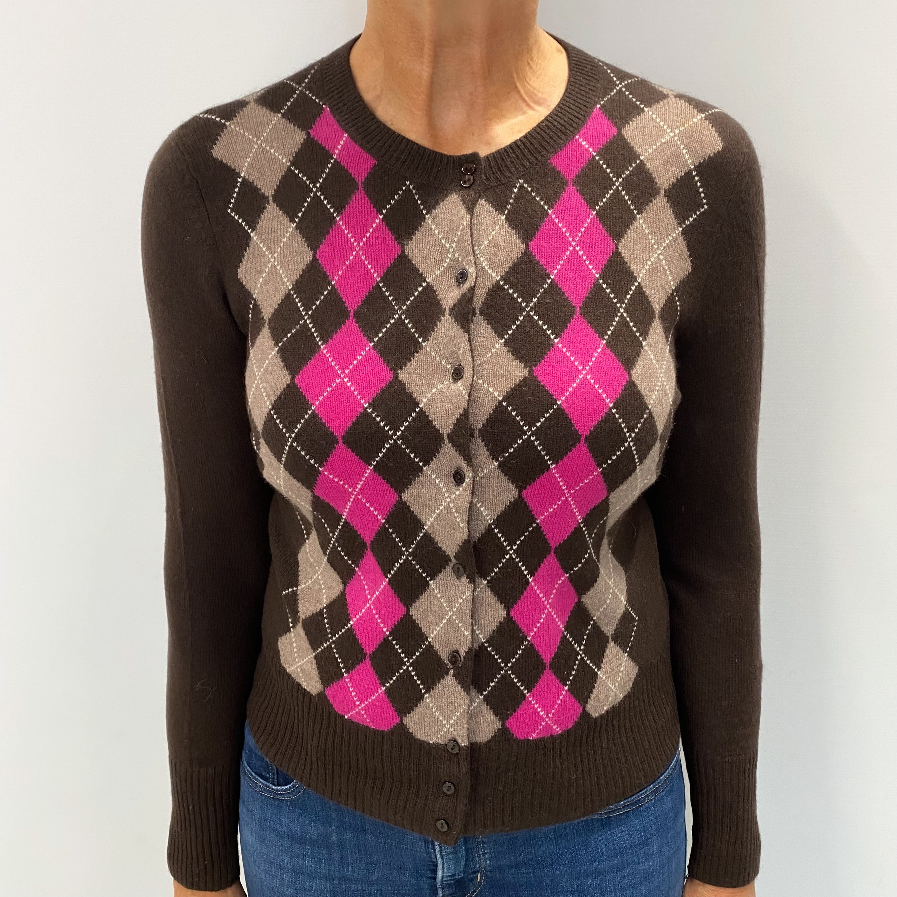 Dark Chocolate Fuchsia Argyle Cashmere Crew Neck Cardigan Medium
