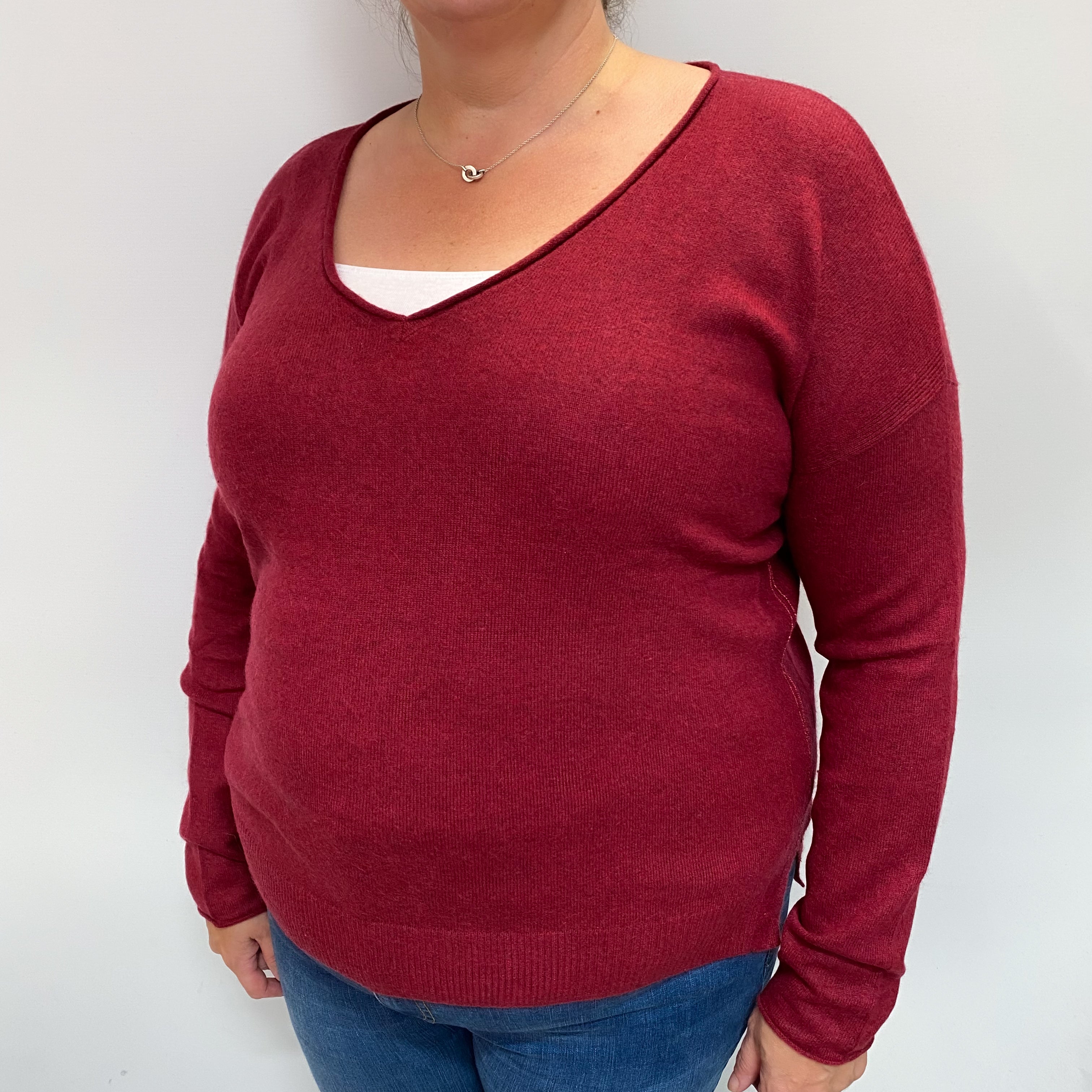 Burgundy Red Cashmere V Neck Jumper Extra Large