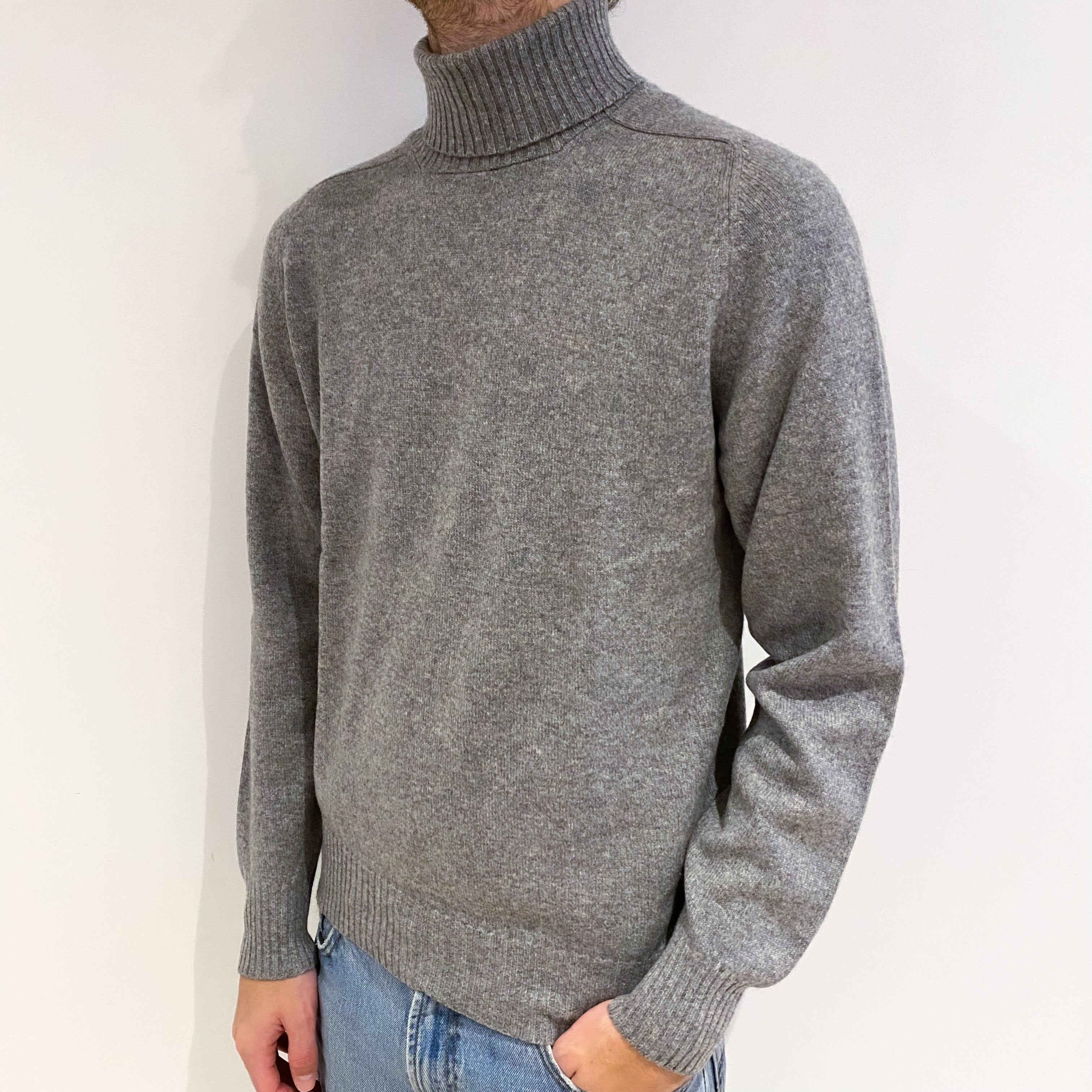 Men's Vintage Scottish Smoke Grey Cashmere Polo Neck Jumper Medium