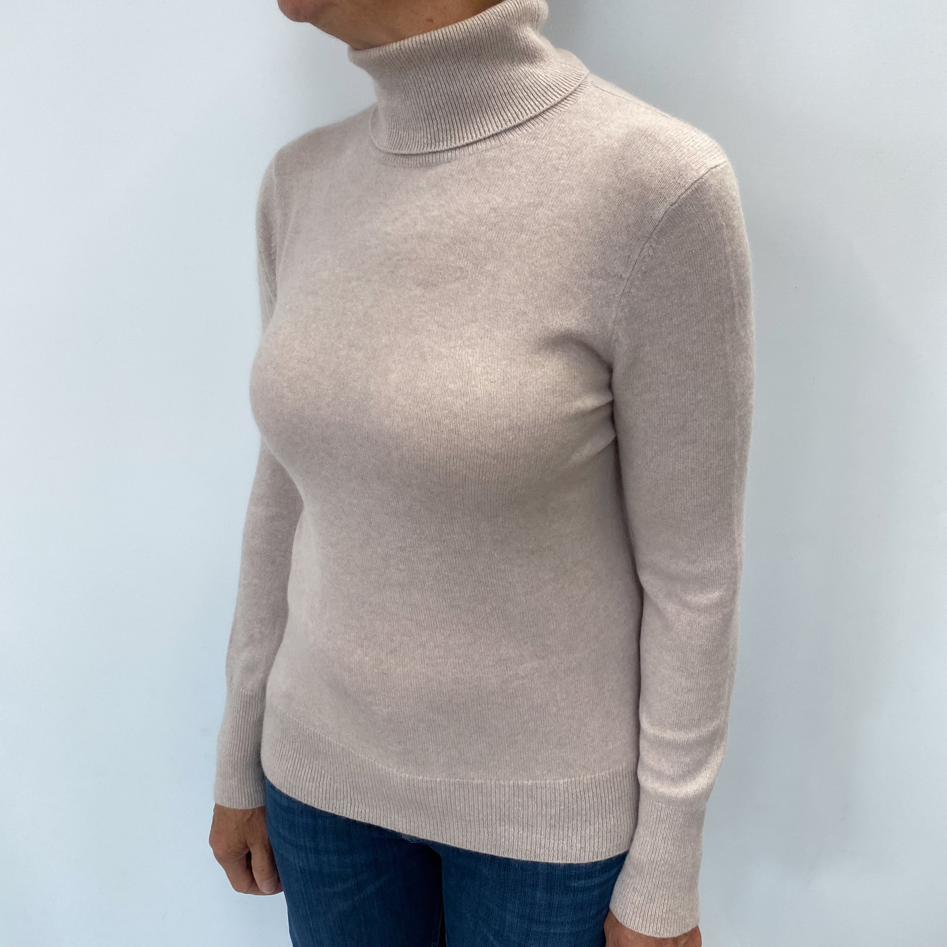 Oyster Grey Cashmere Polo Neck Jumper Medium