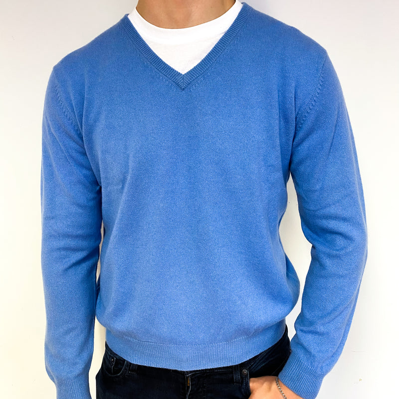 Men's Sky Blue Lightweight Cashmere V-Neck Jumper Extra Large