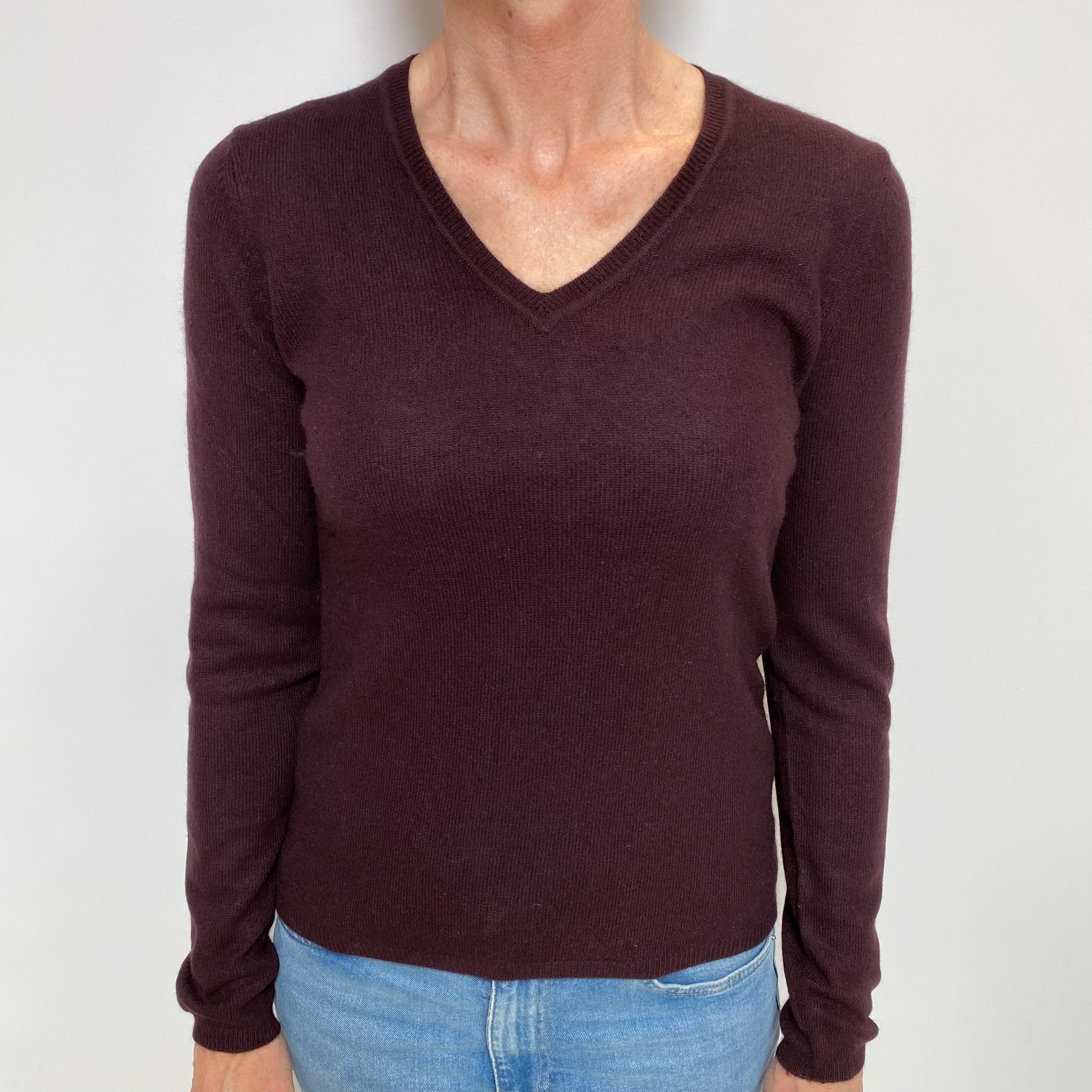 Aubergine Brown Cashmere V Neck Jumper Small