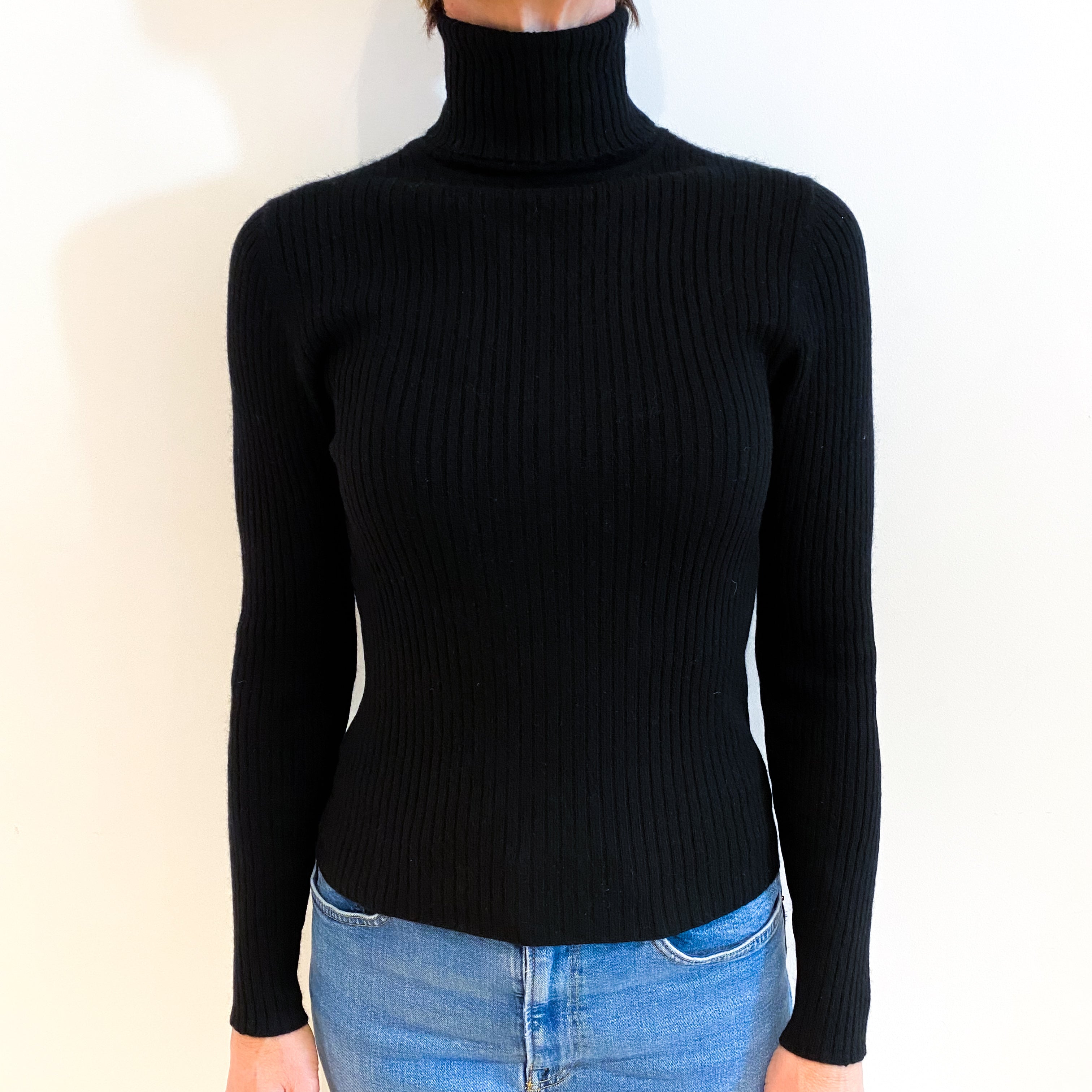 Black Skinny Rib Cashmere Polo Neck Jumper Small