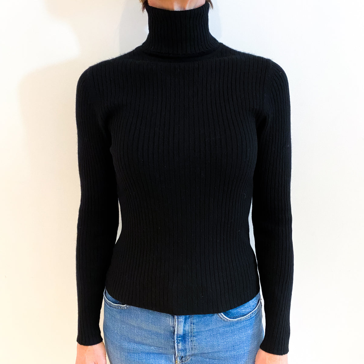 Black Skinny Rib Cashmere Polo Neck Jumper Small