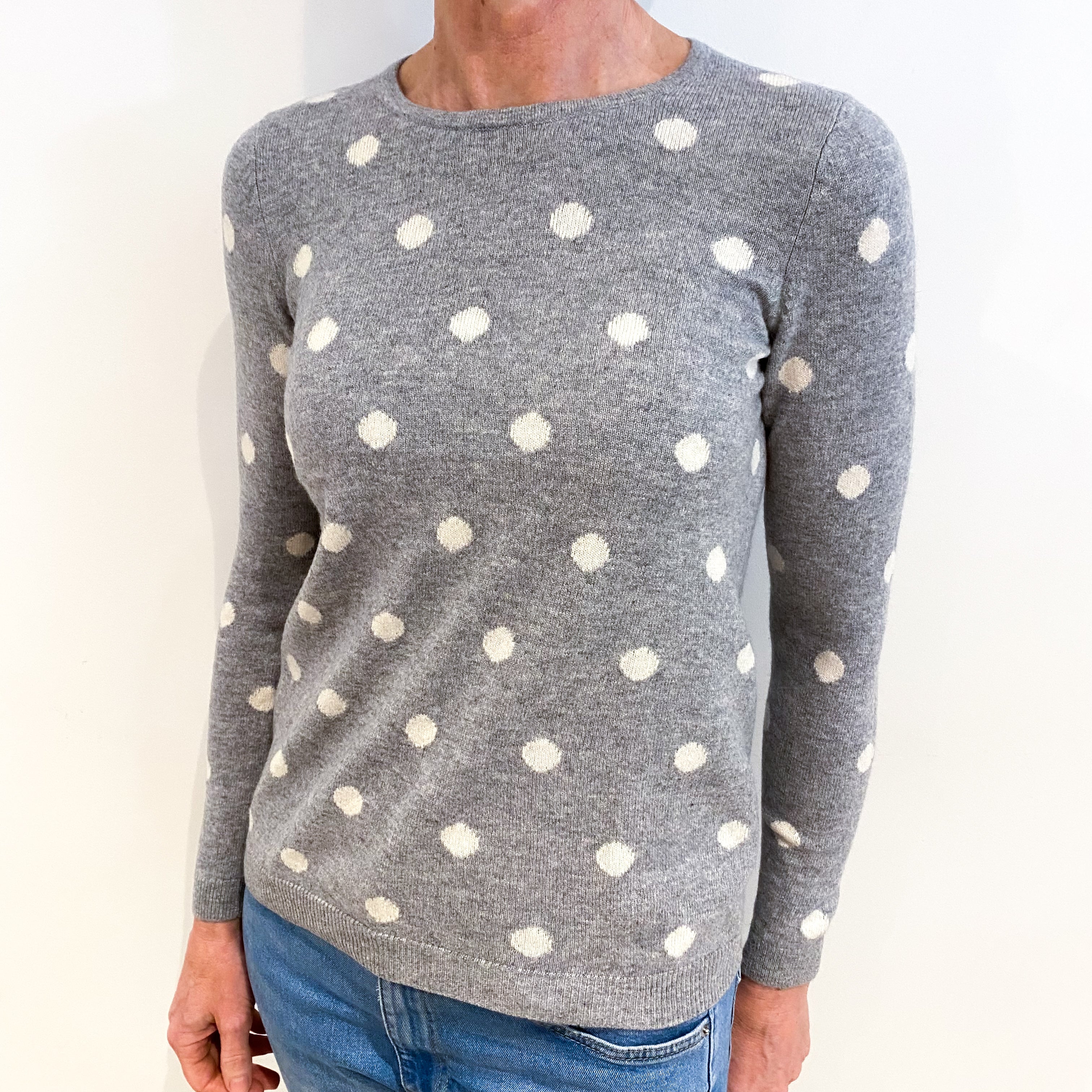Smoke Grey Polka Dot Cashmere Crew Neck Jumper Small