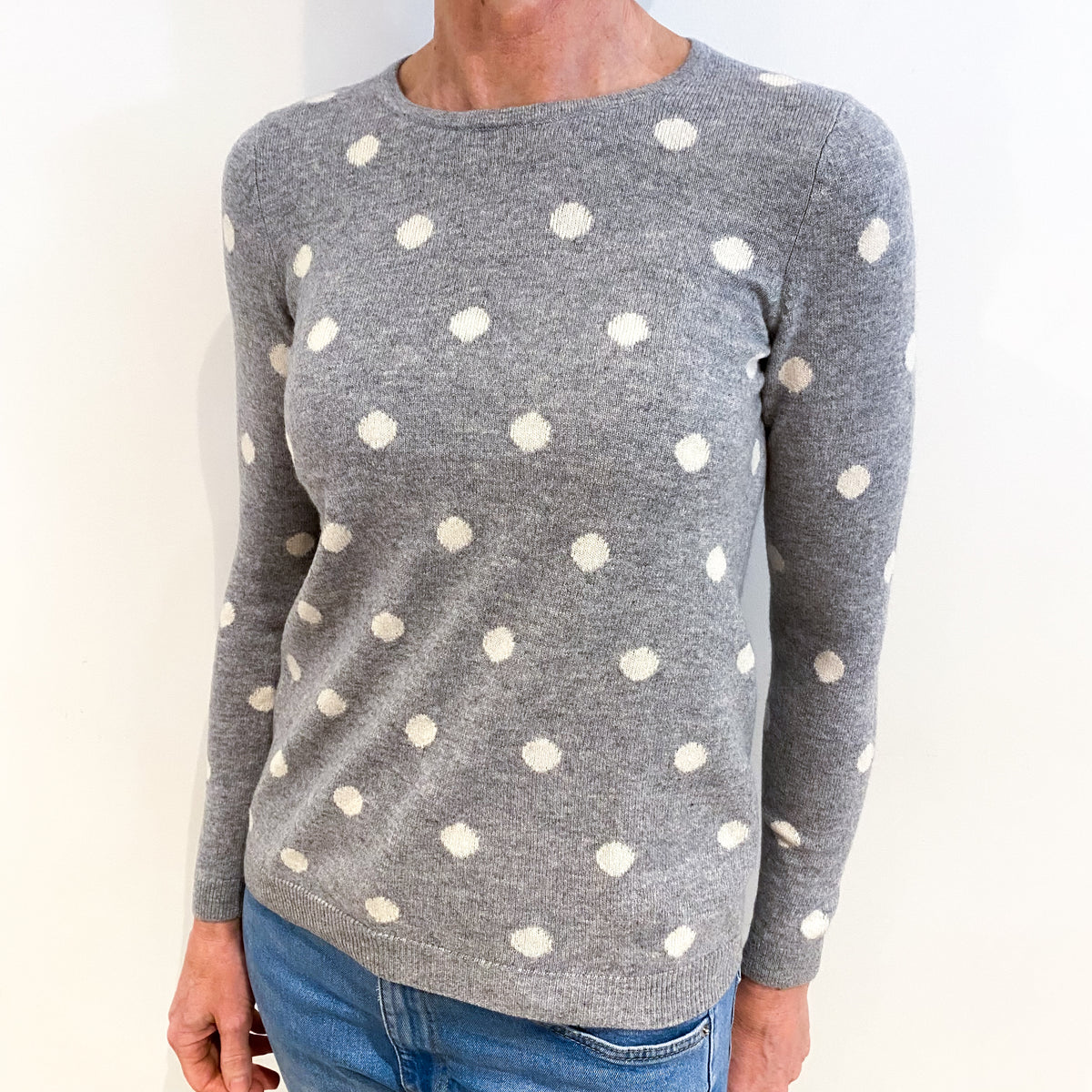 Smoke Grey Polka Dot Cashmere Crew Neck Jumper Small