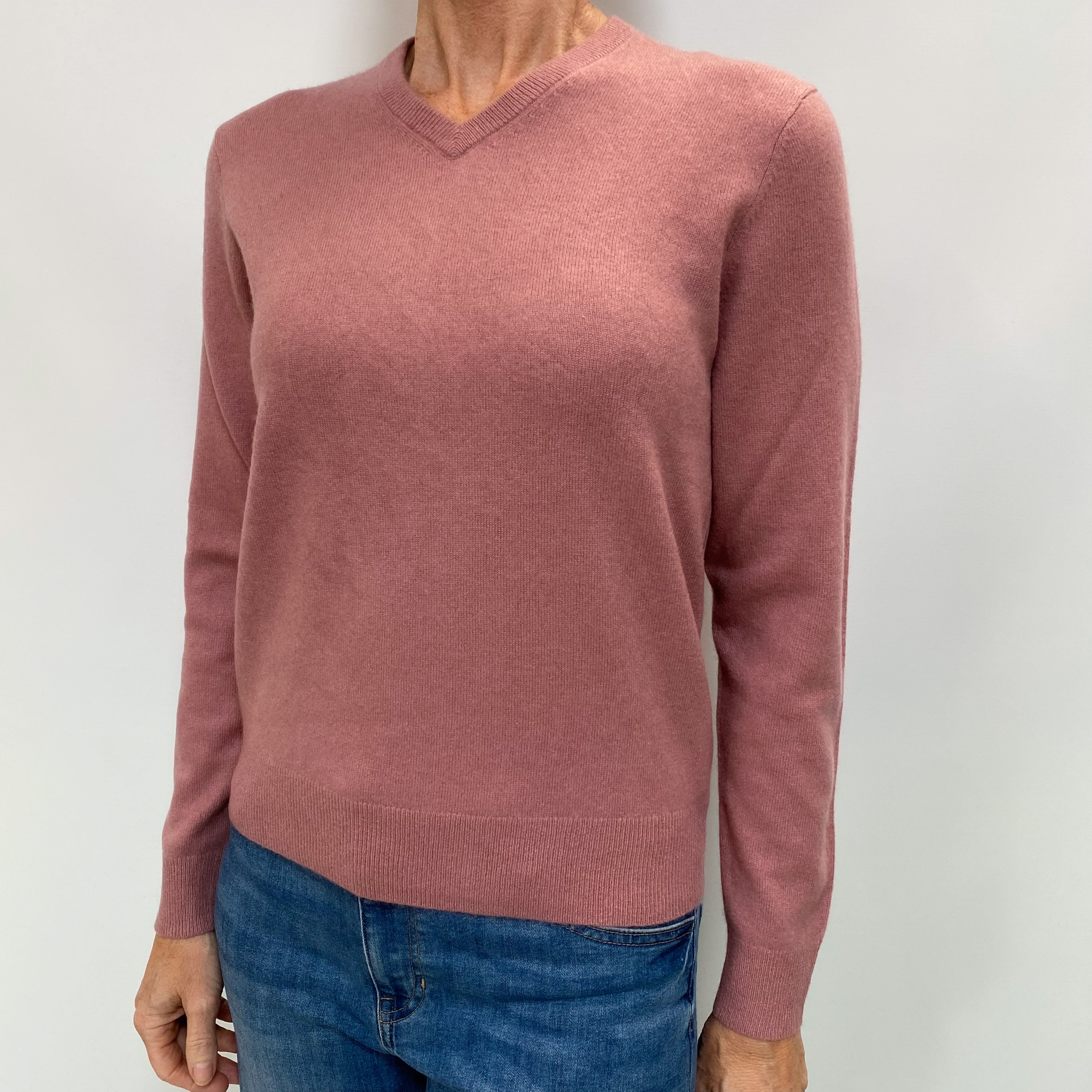 Dusky Rose Pink Cashmere V Neck Jumper Small