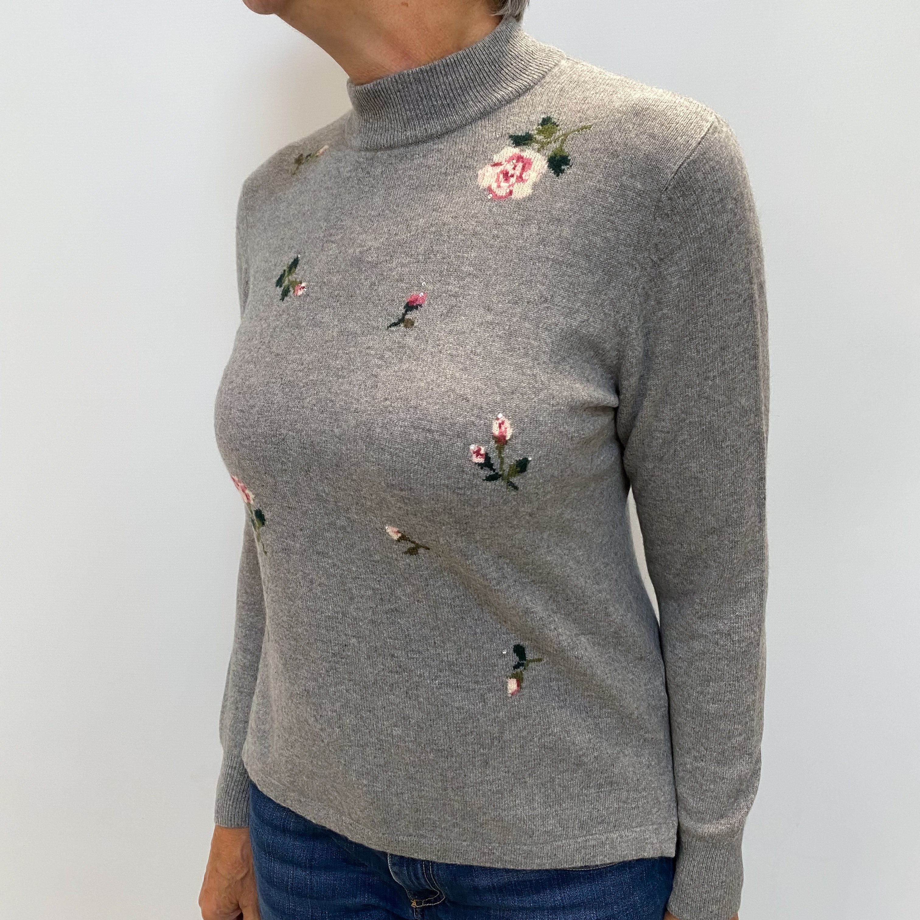 Smoke Grey Floral Cashmere Polo Neck Jumper Medium