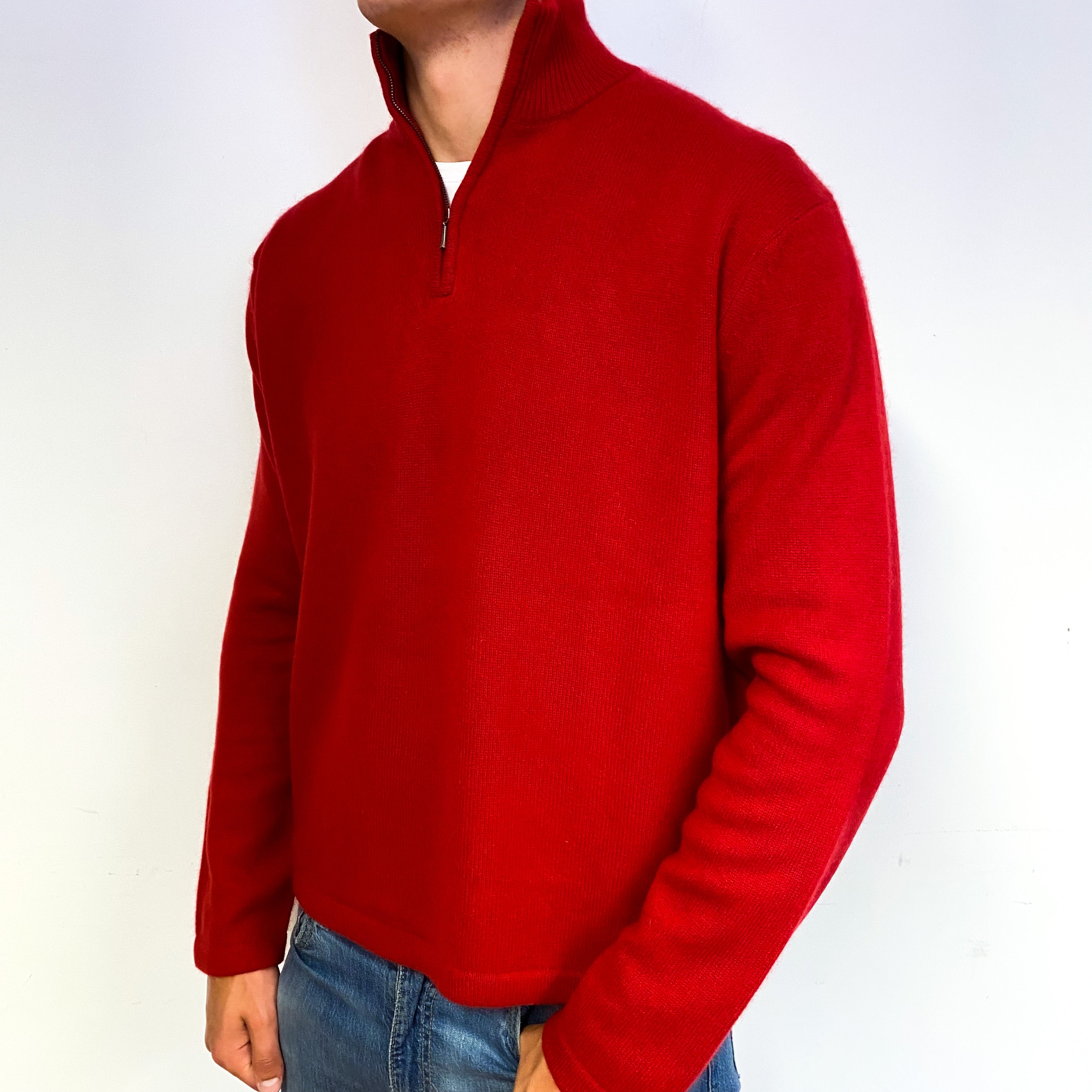 Men's Scarlett Red Cashmere Quarter Zip Jumper Extra Extra Large
