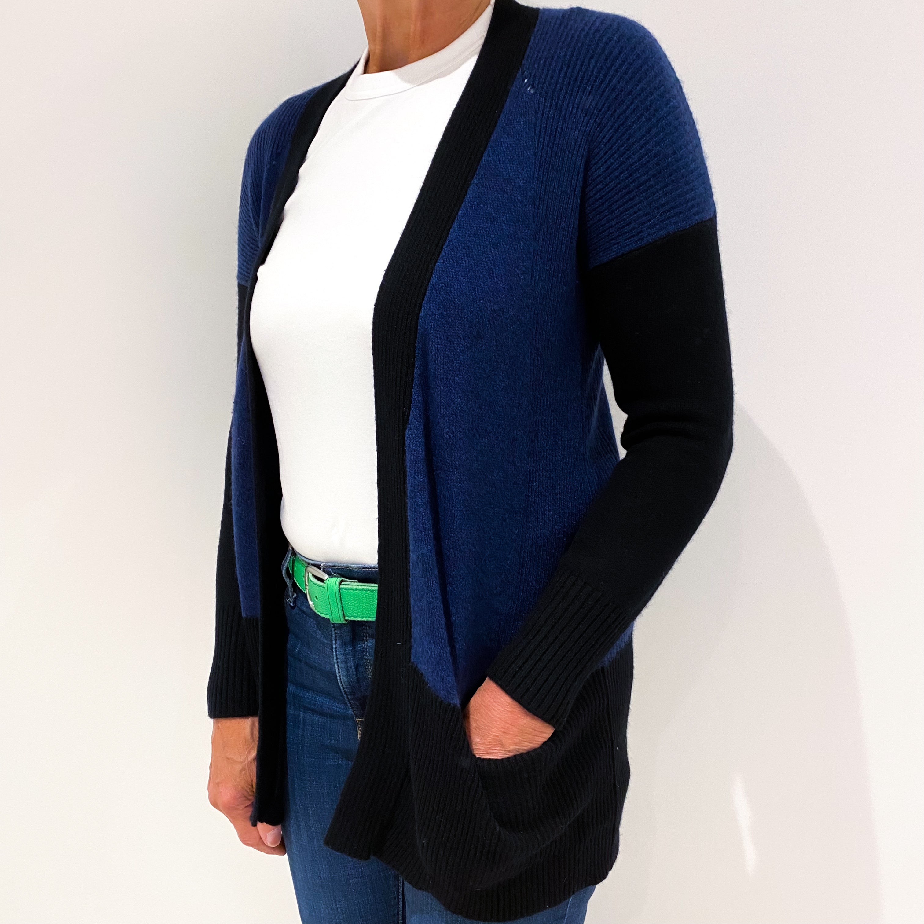 Black and Navy Cashmere Edge to Edge Cardigan Medium