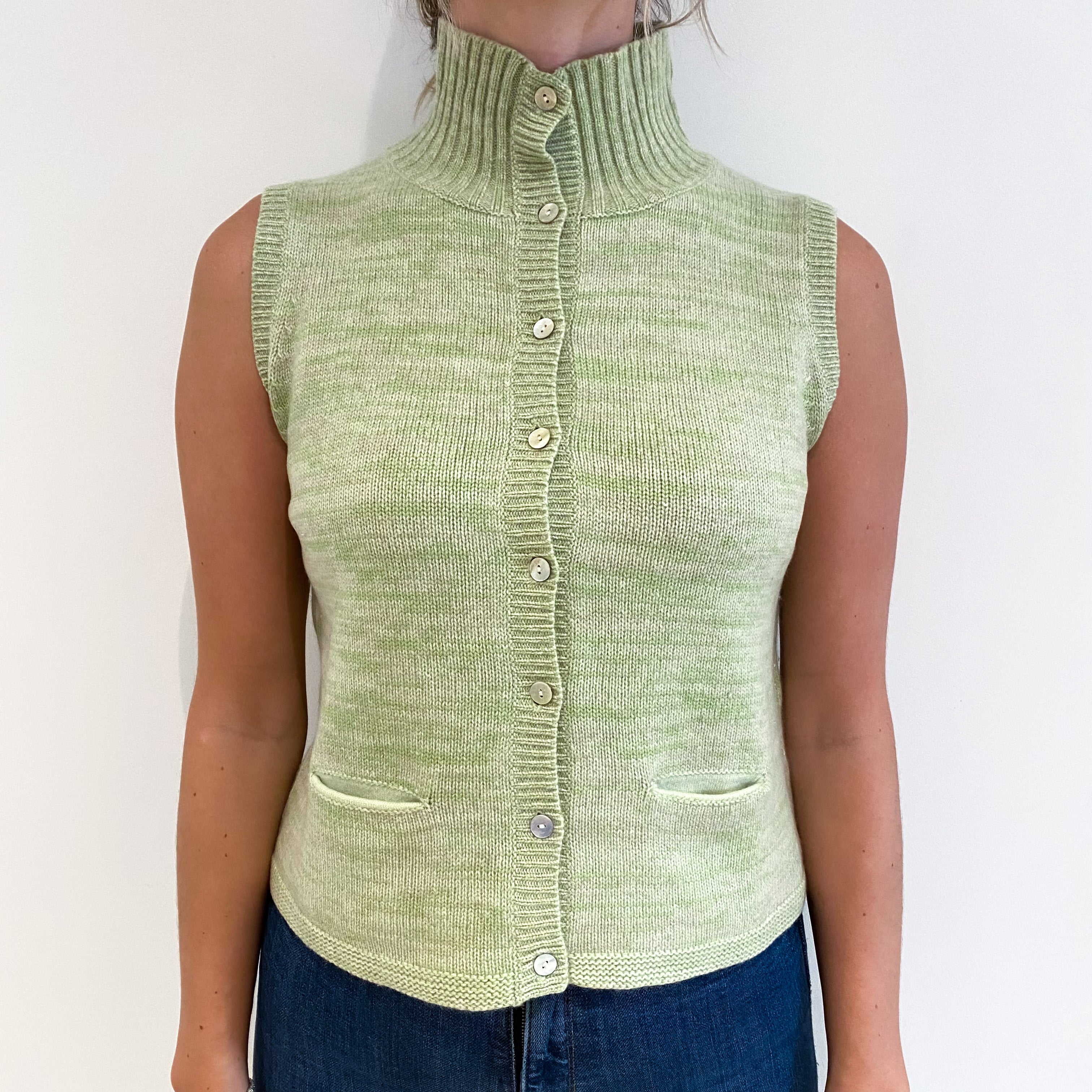 Soft Lime Green Cashmere Turtle Neck Gilet with Pockets Small
