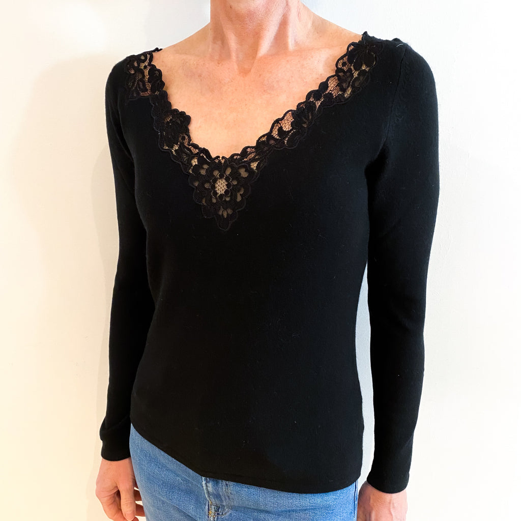 Black Cashmere Lace Trimmed V Neck Jumper Small