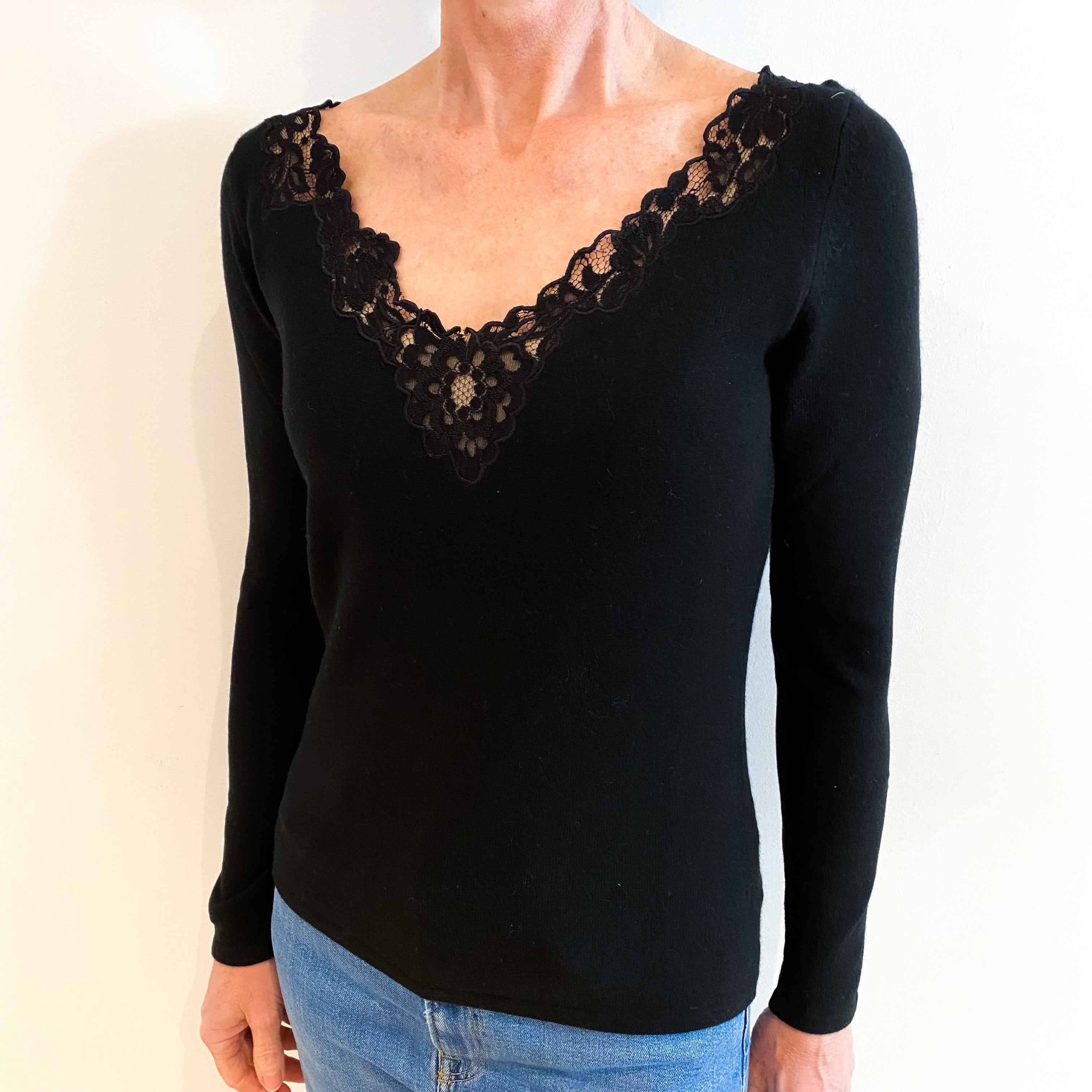 Black Cashmere Lace Trimmed V Neck Jumper Small