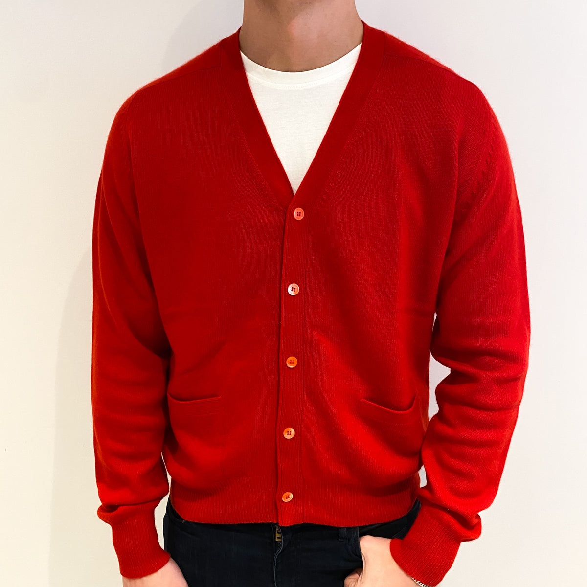 Men's Vintage Vermillion Red Cashmere V Neck Cardigan XXL