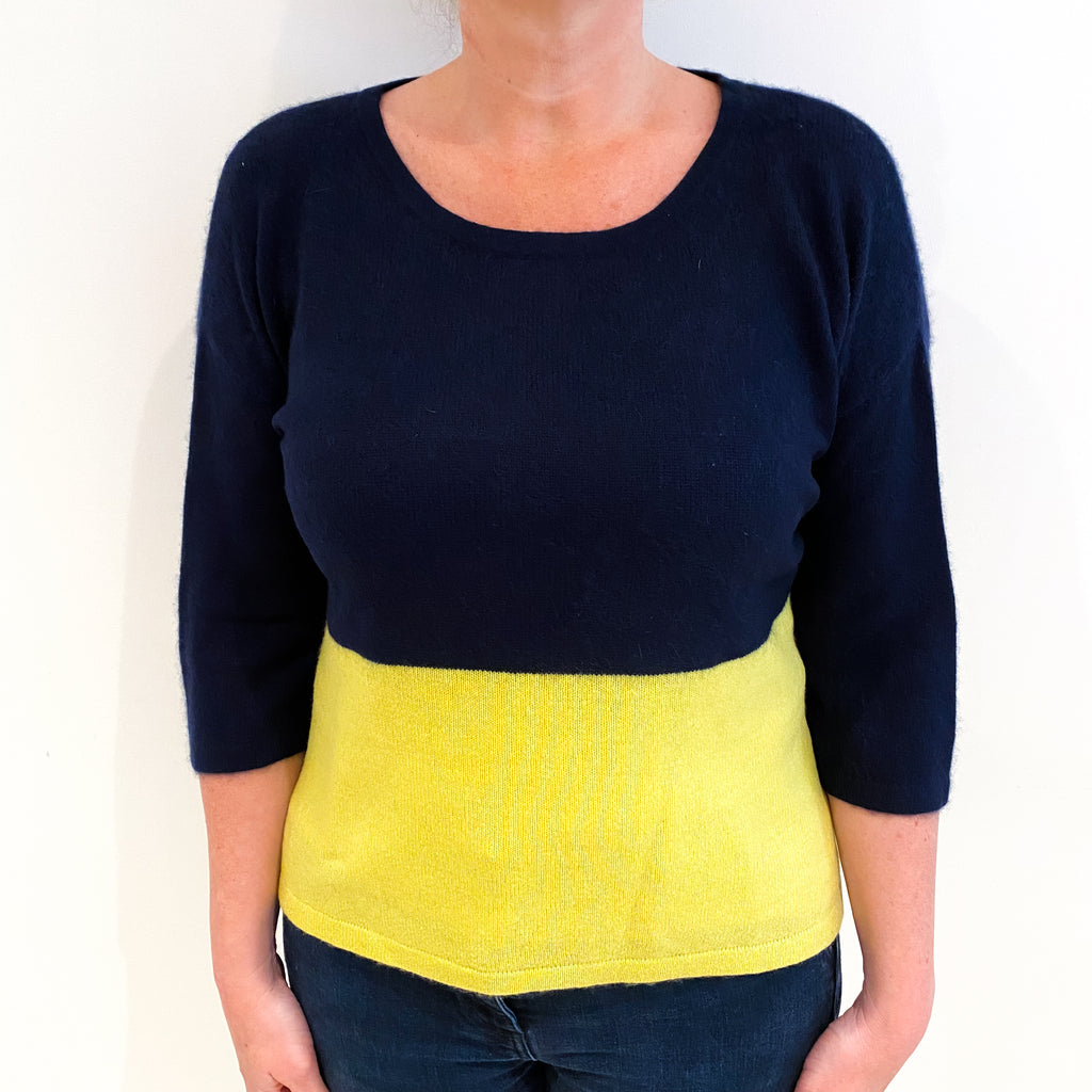 Navy And Lime Cashmere Wide Crew Neck Jumper Large