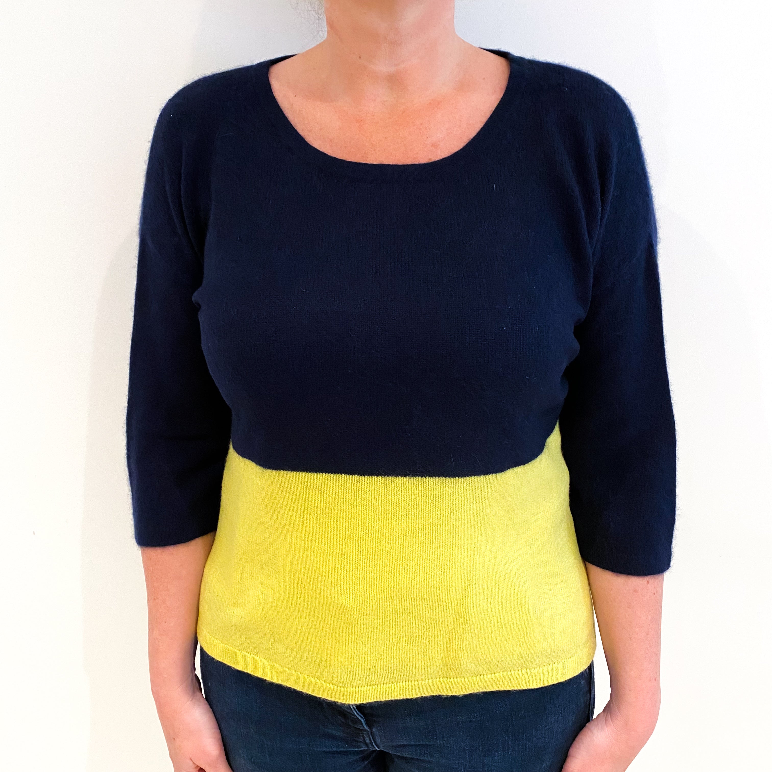 Navy And Lime Cashmere Wide Crew Neck Jumper Large
