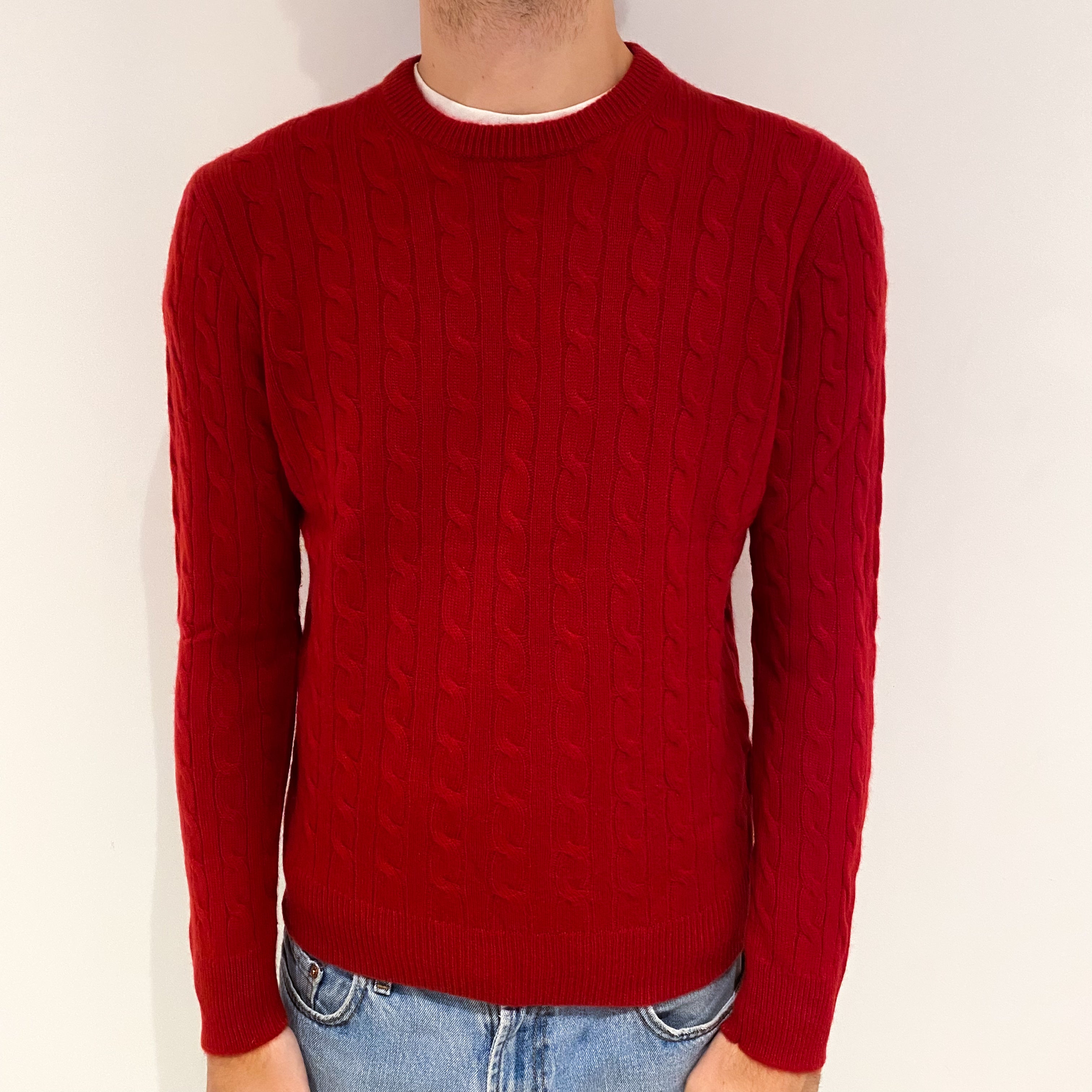 Men's Red Cashmere Crew Neck Jumper Large