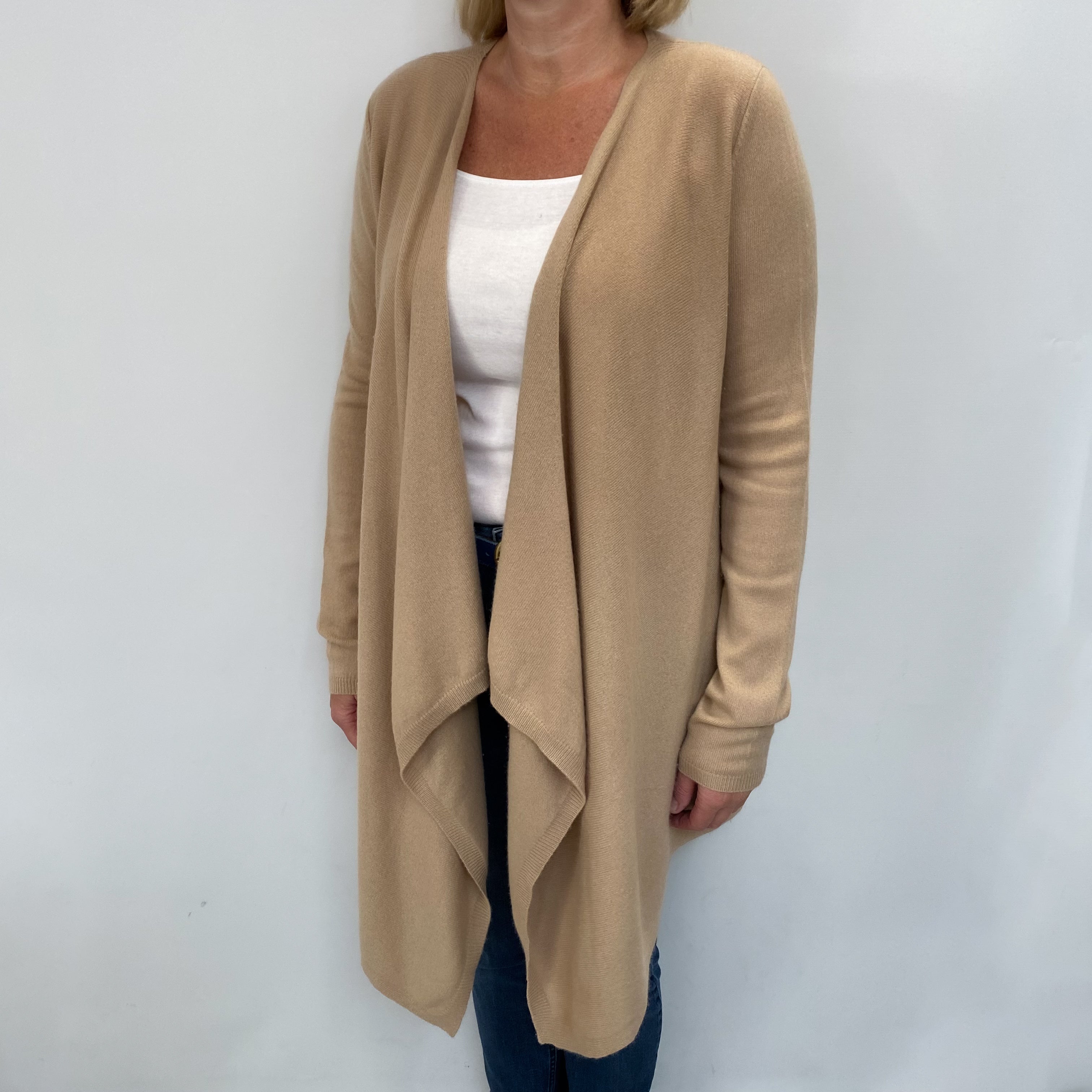 Sand Beige Cashmere Waterfall Edge Cardigan Large